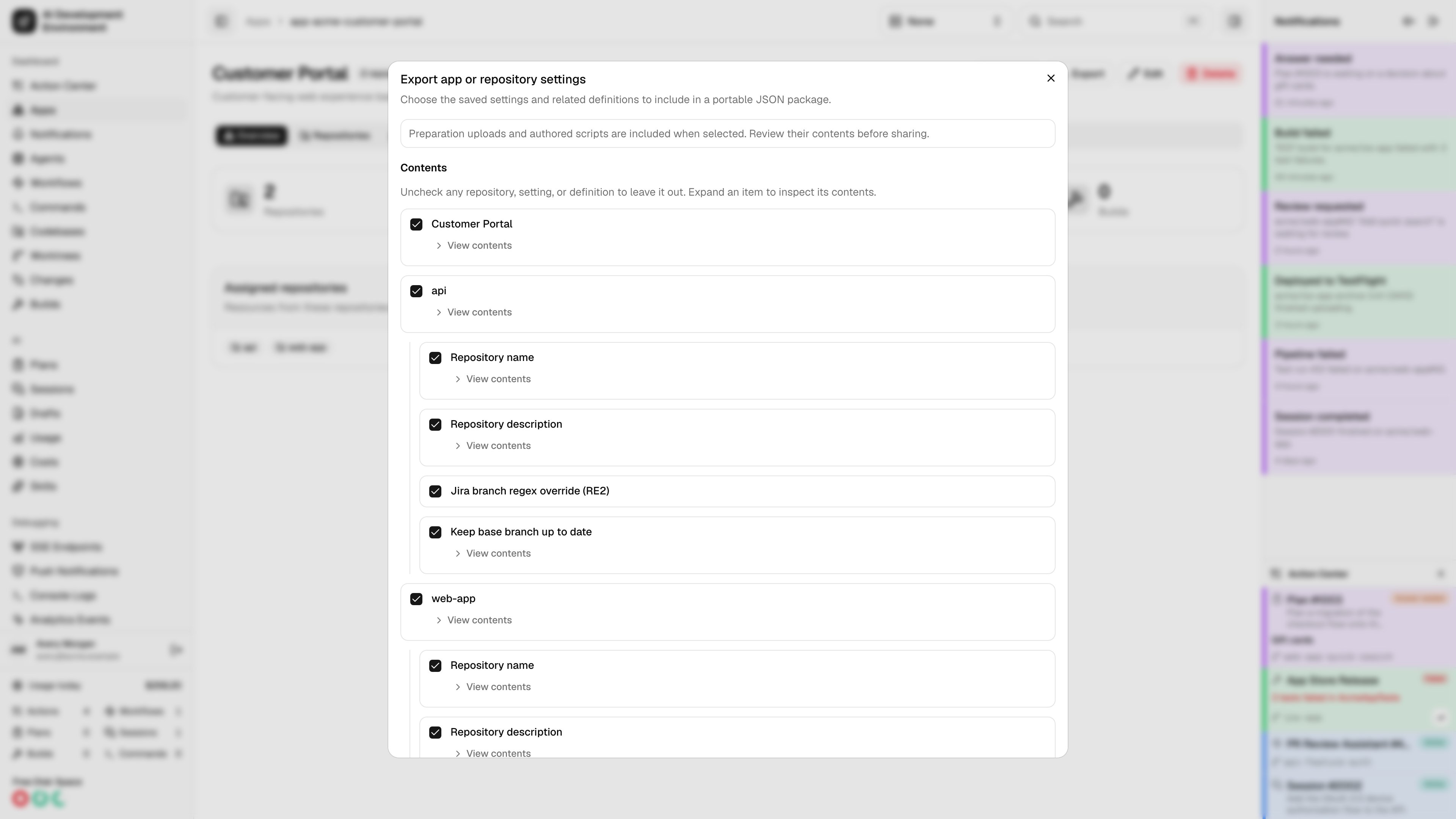 App export with selectable repository settings in light theme
