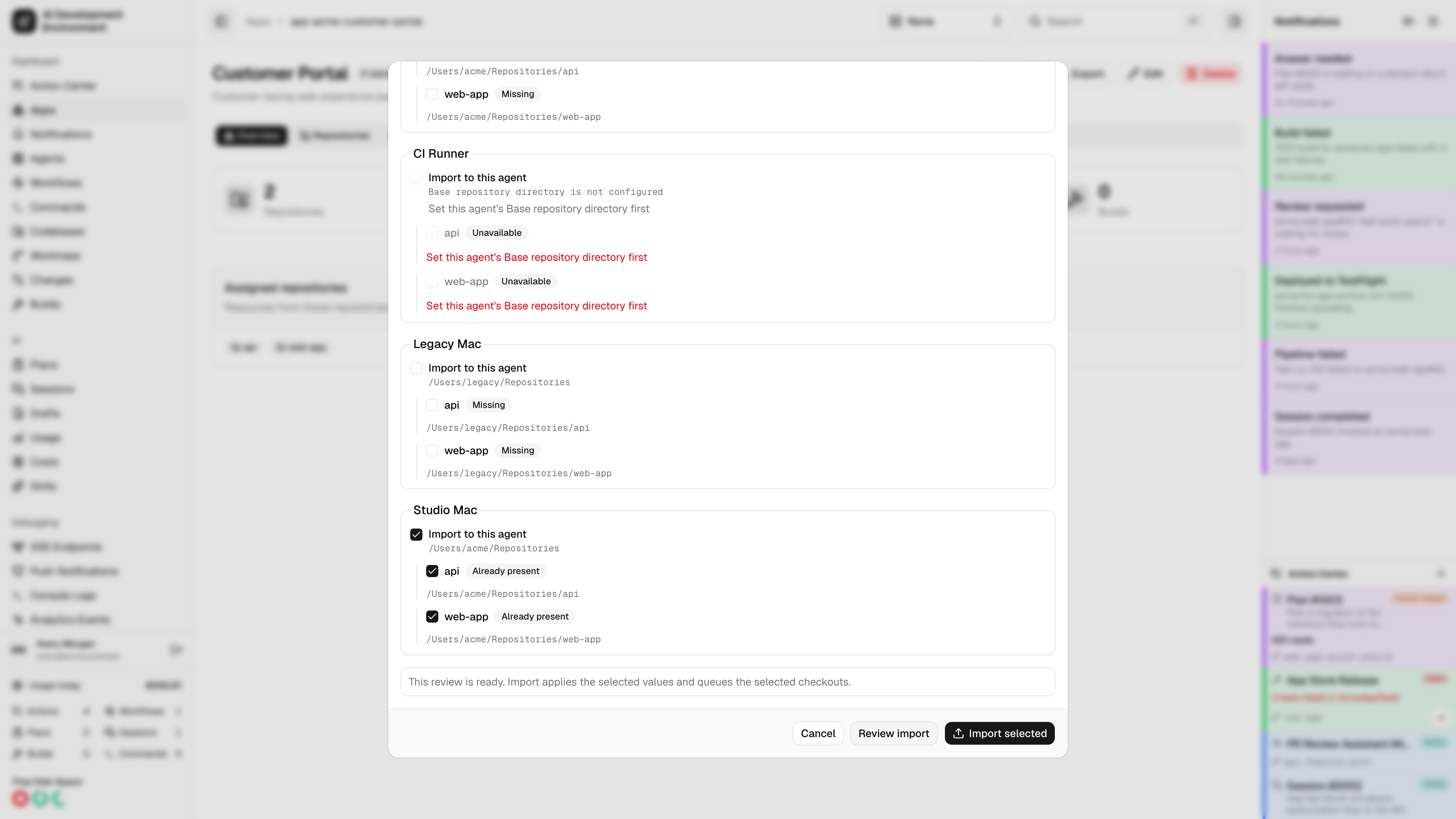 Selecting an import agent with repositories already present in light theme