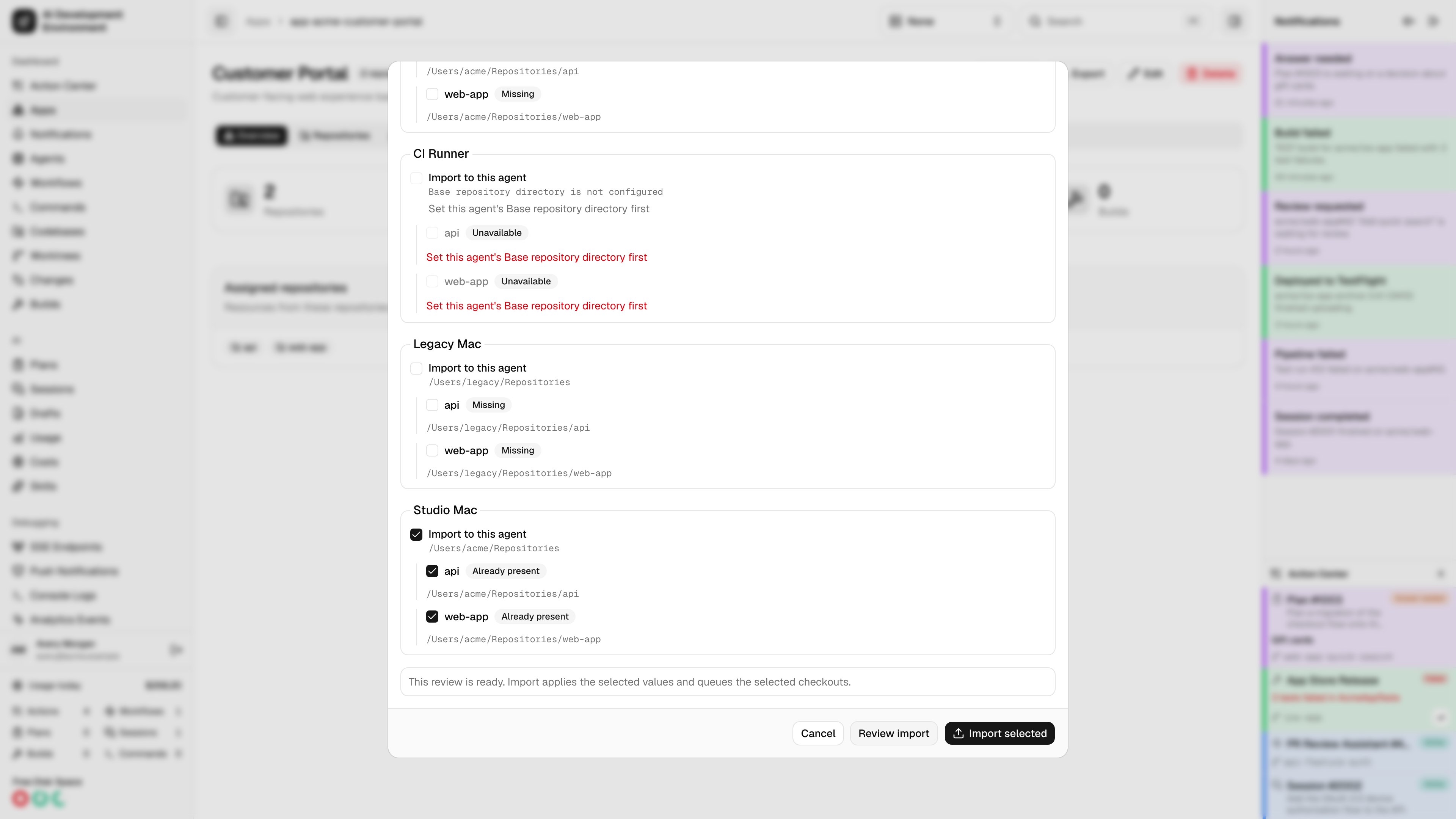 Selecting an import agent with repositories already present in light theme