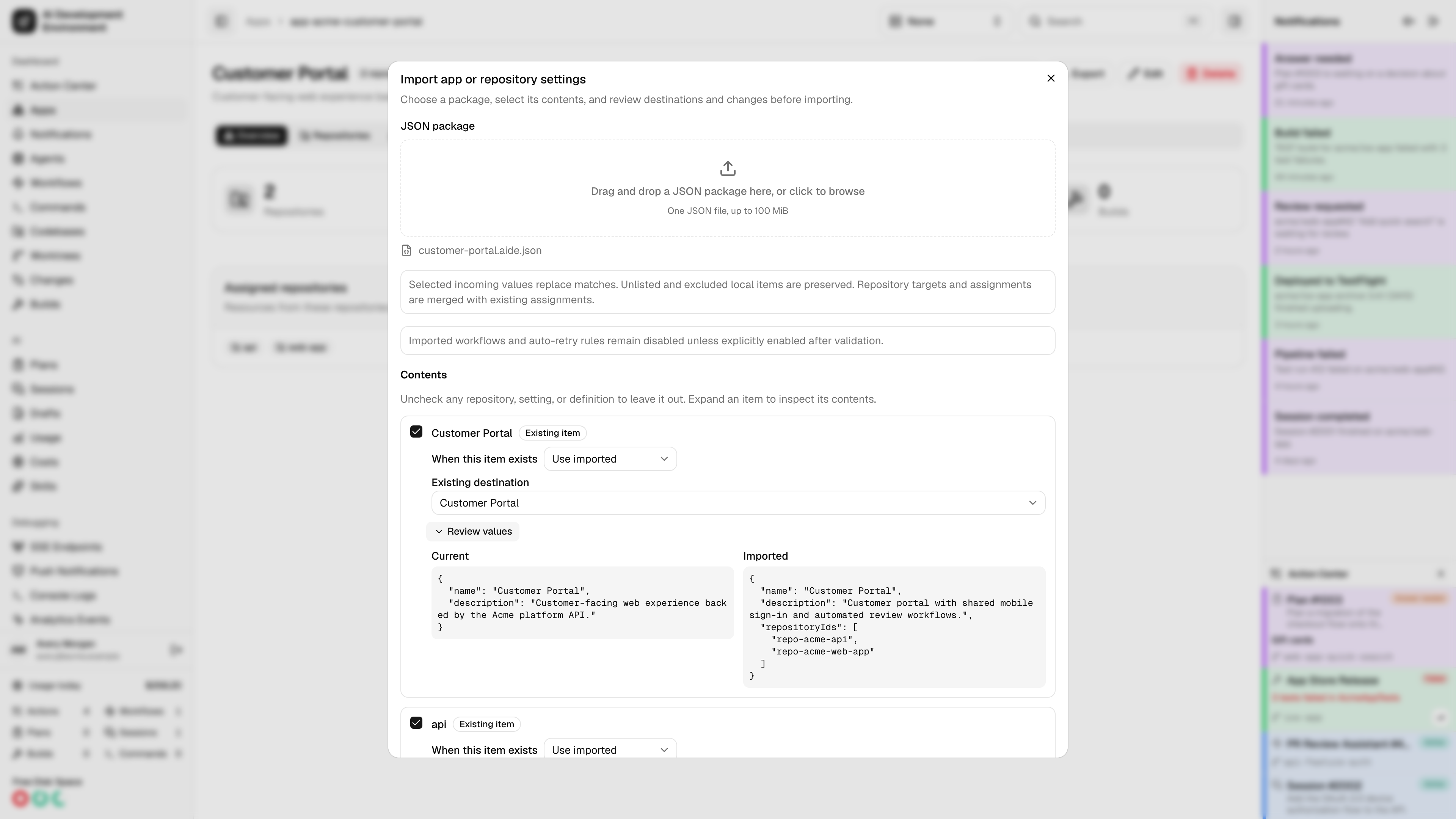 Import review showing current values and selected changes in light theme