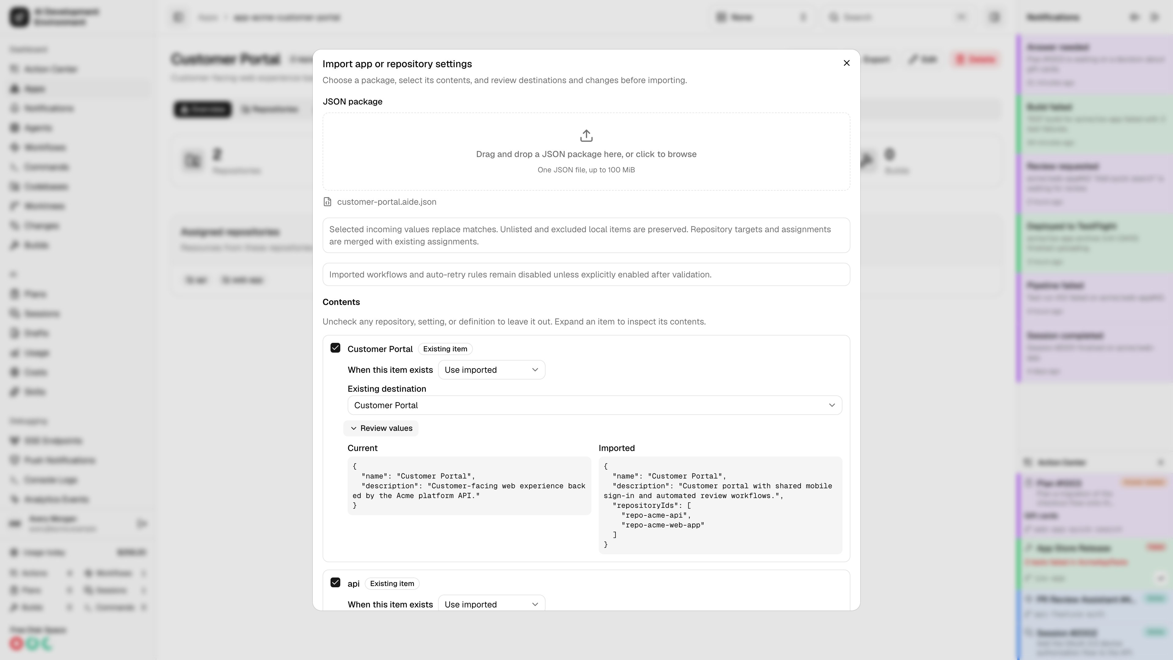 Import review showing current values and selected changes in light theme