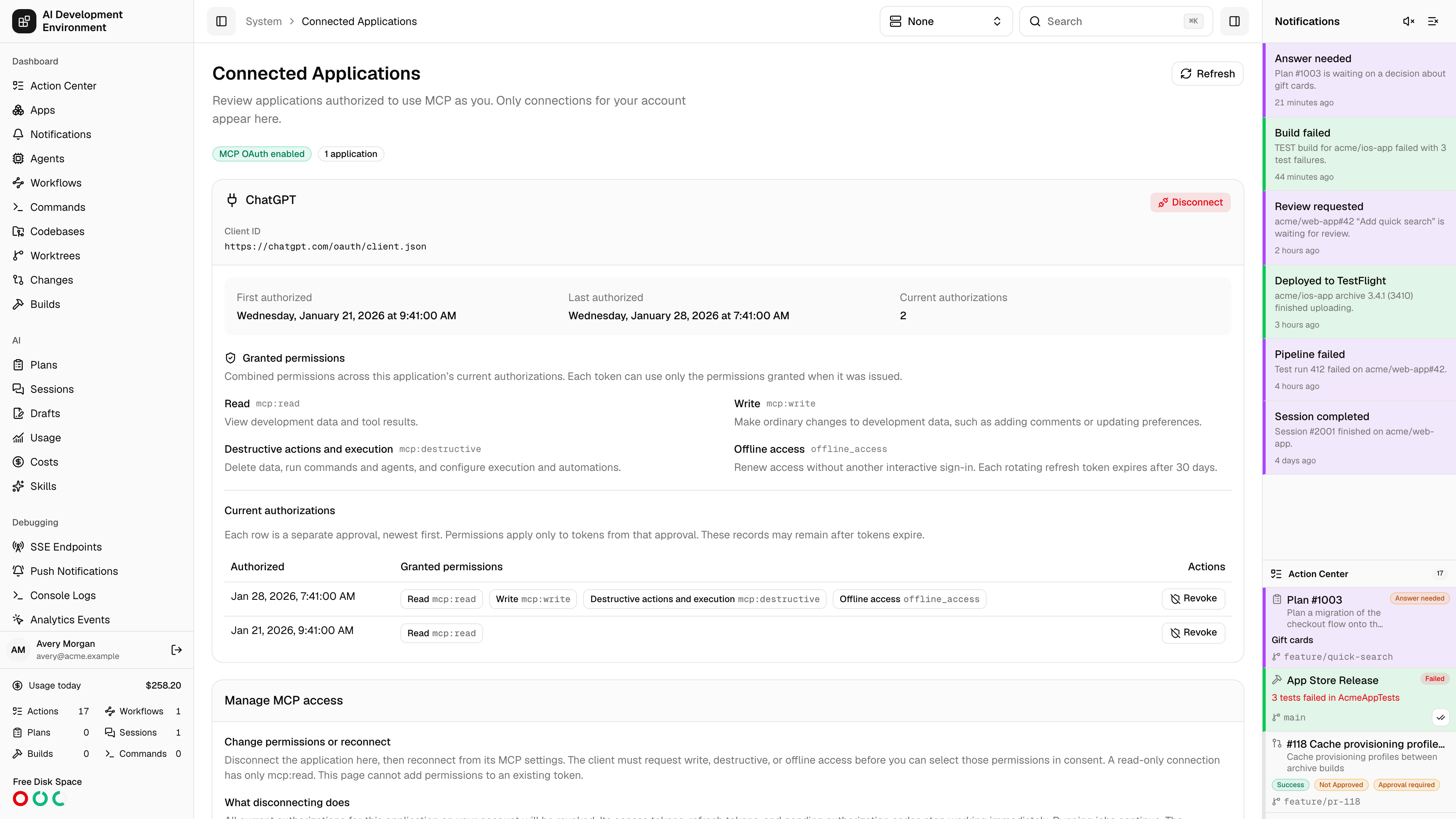 Connected Applications with permissions and current authorizations in light theme
