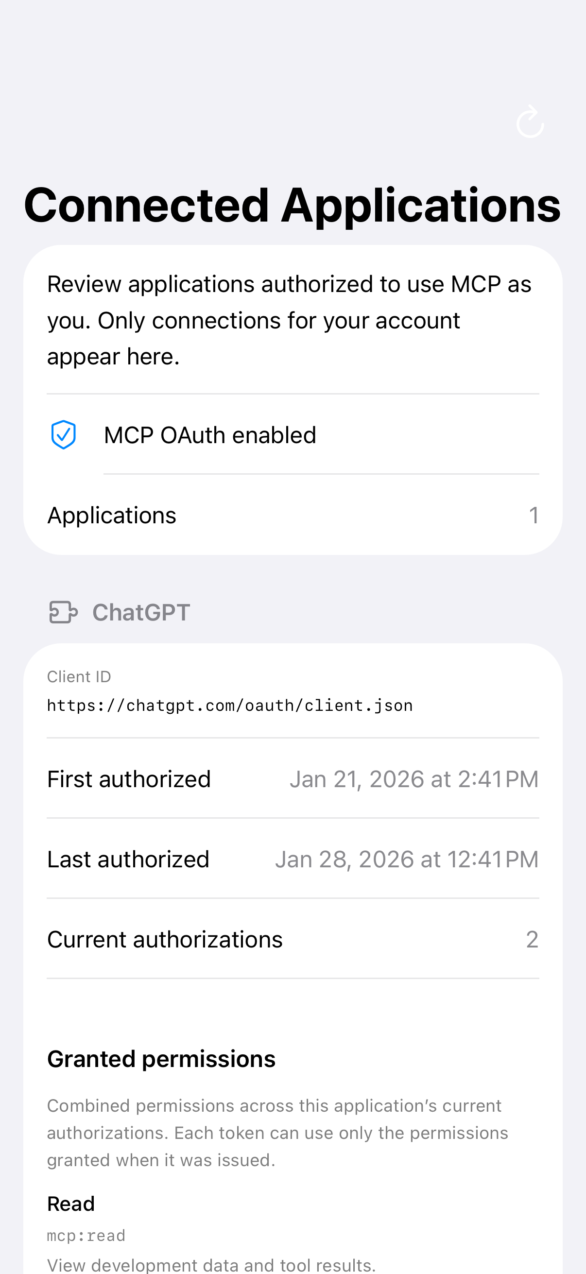 Native iOS Connected Applications screen in light theme
