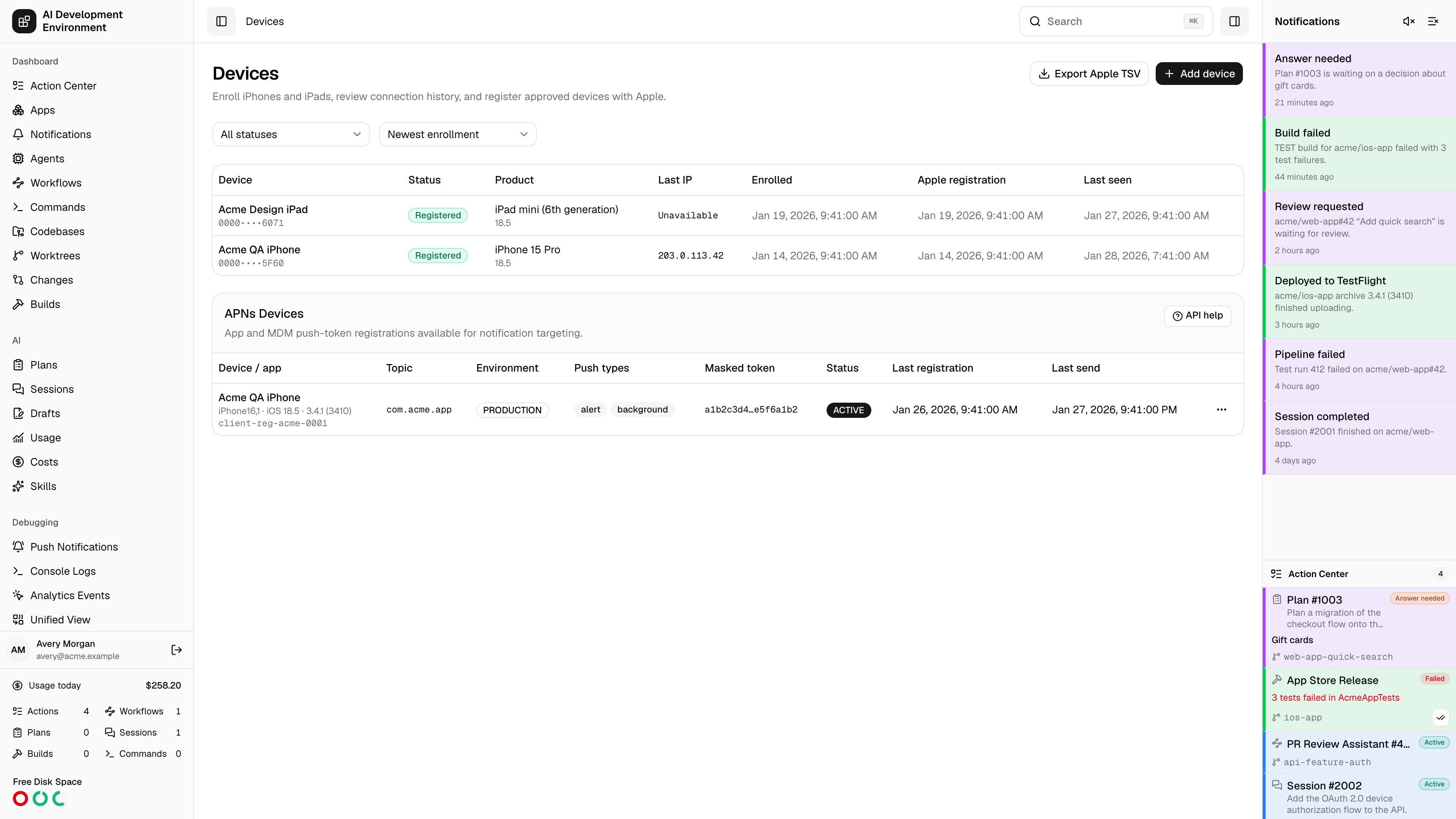 Devices page in light theme