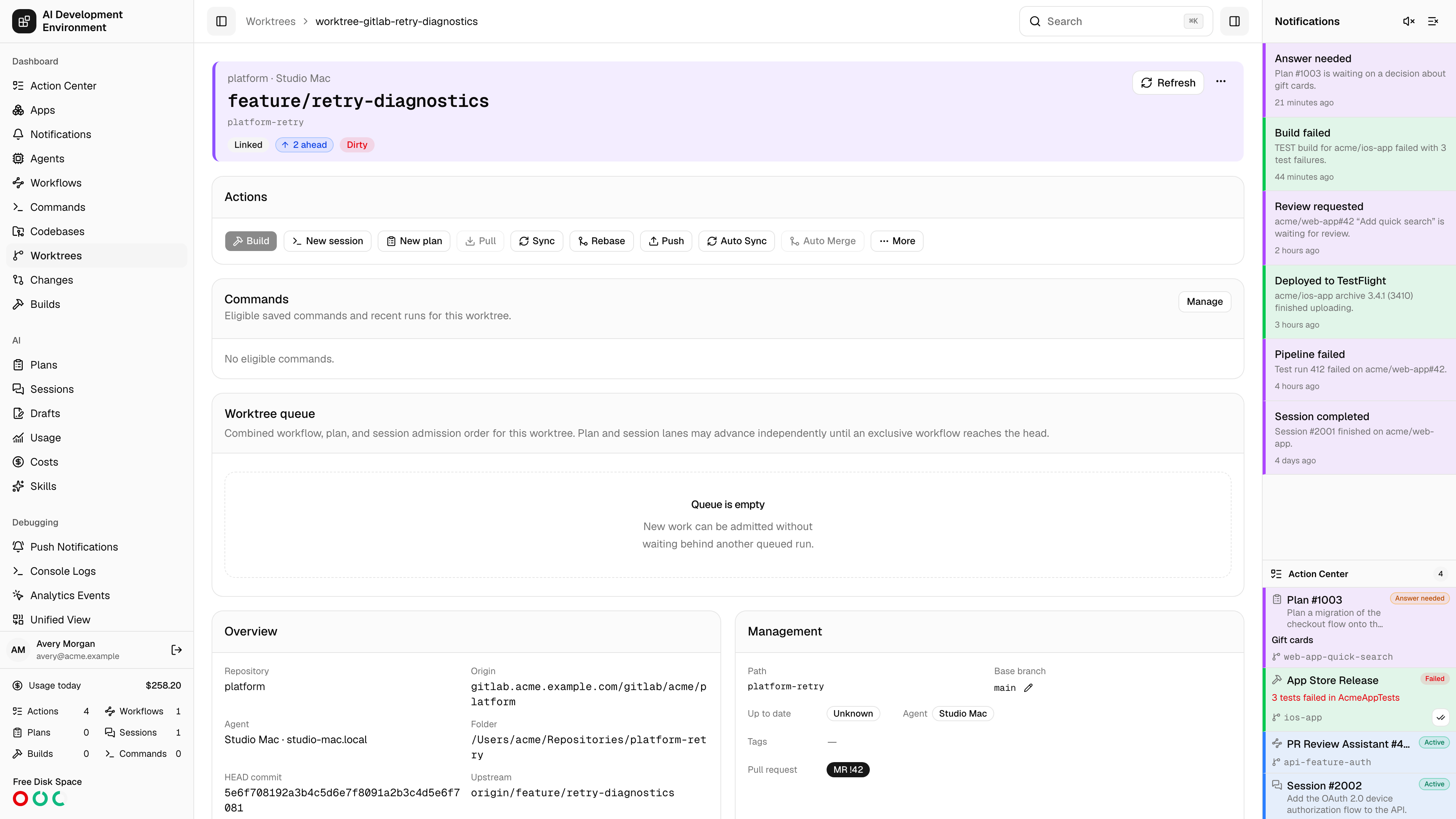 Worktree linked to a GitLab merge request in light theme