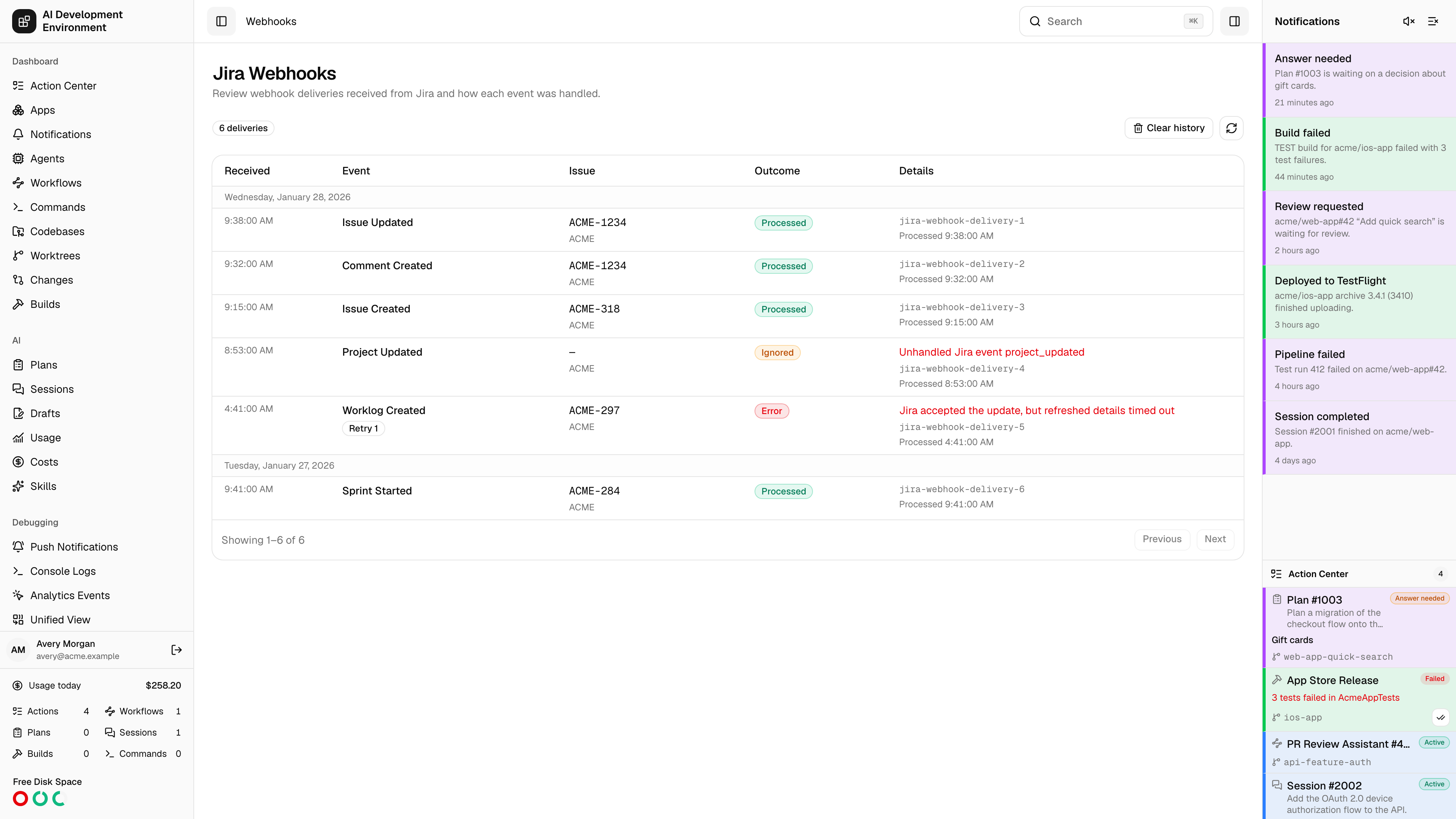 Jira Webhooks page in light theme