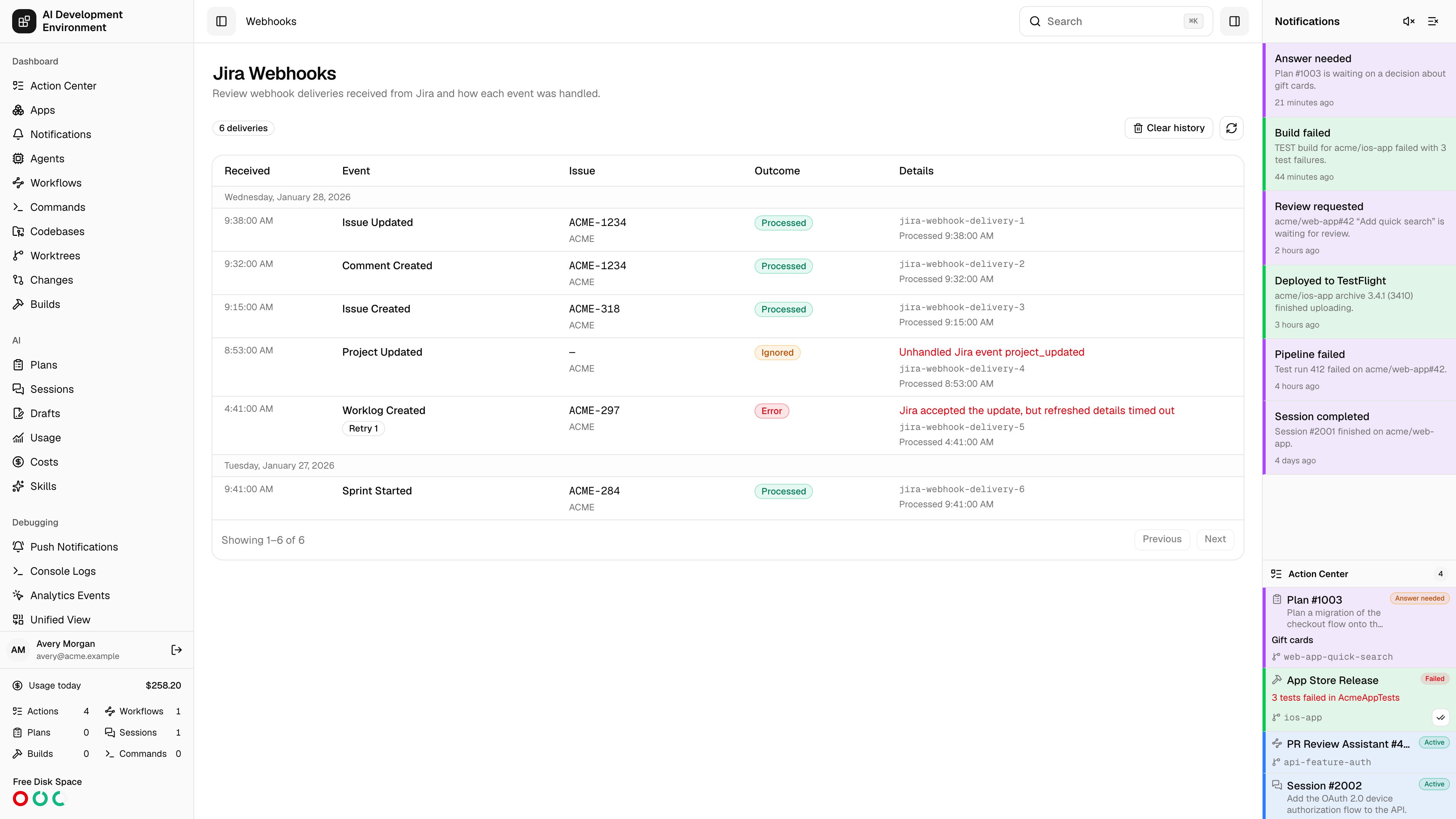 Jira Webhooks page in light theme