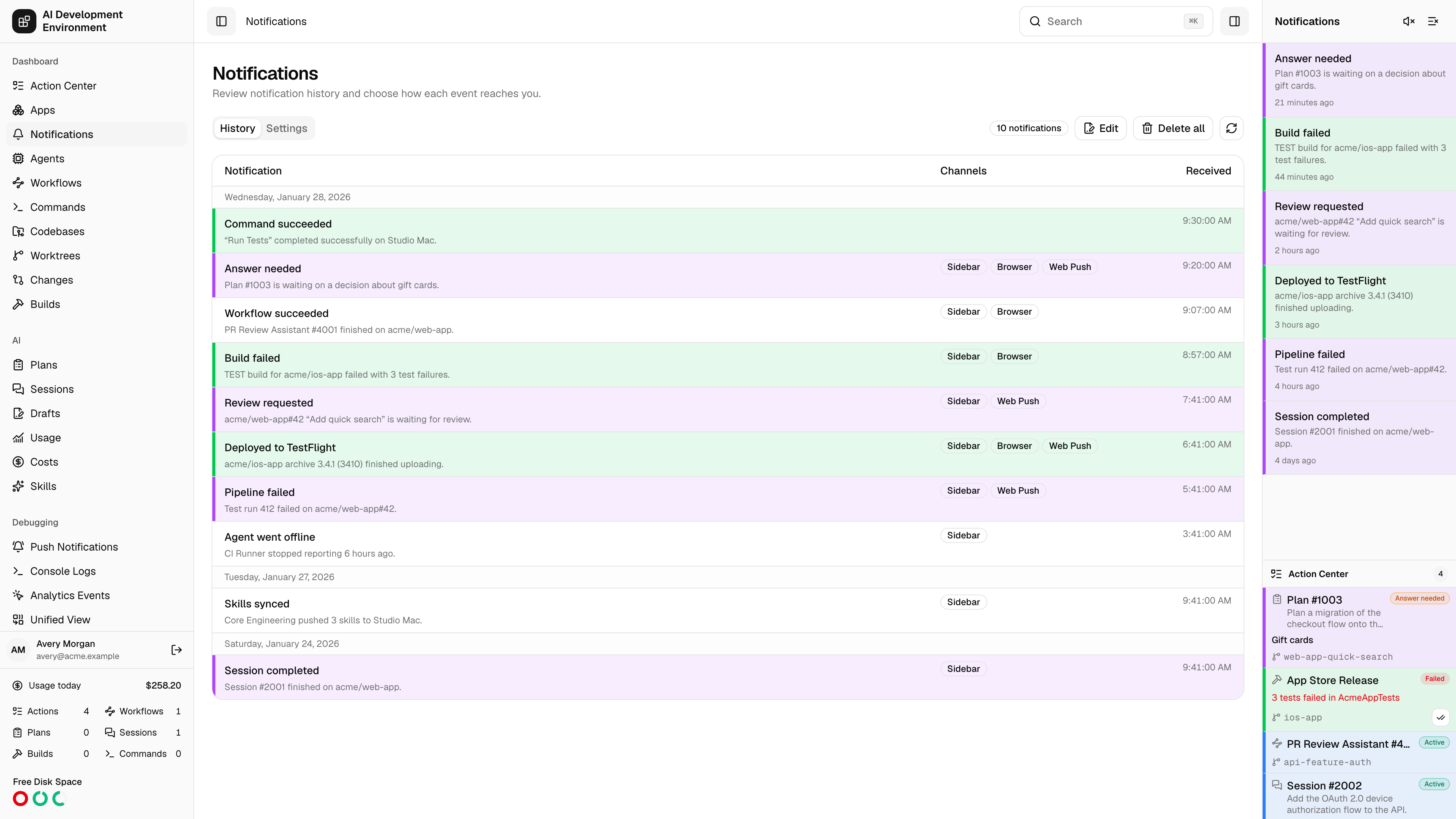 Notifications page in light theme