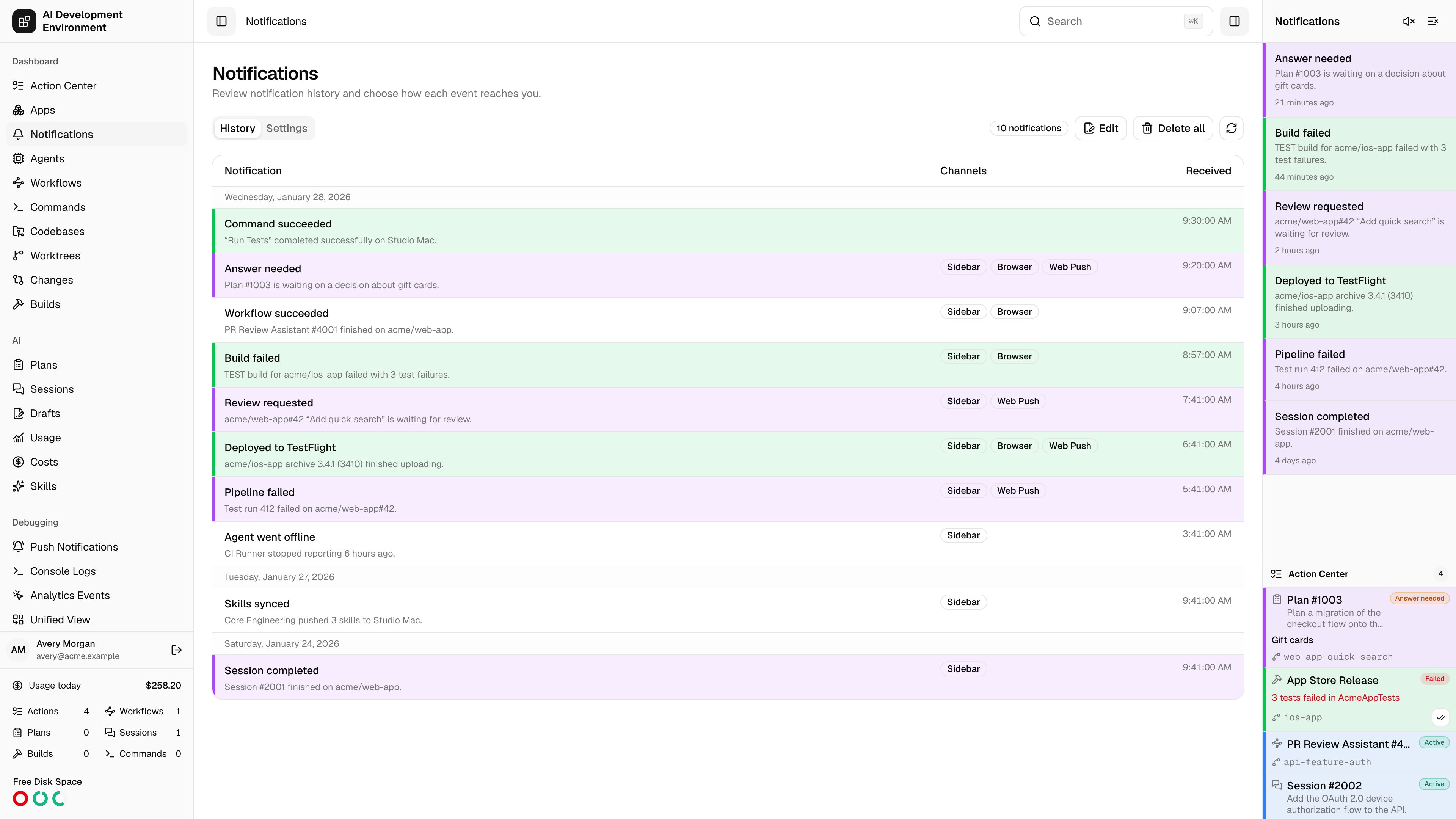 Notifications page in light theme