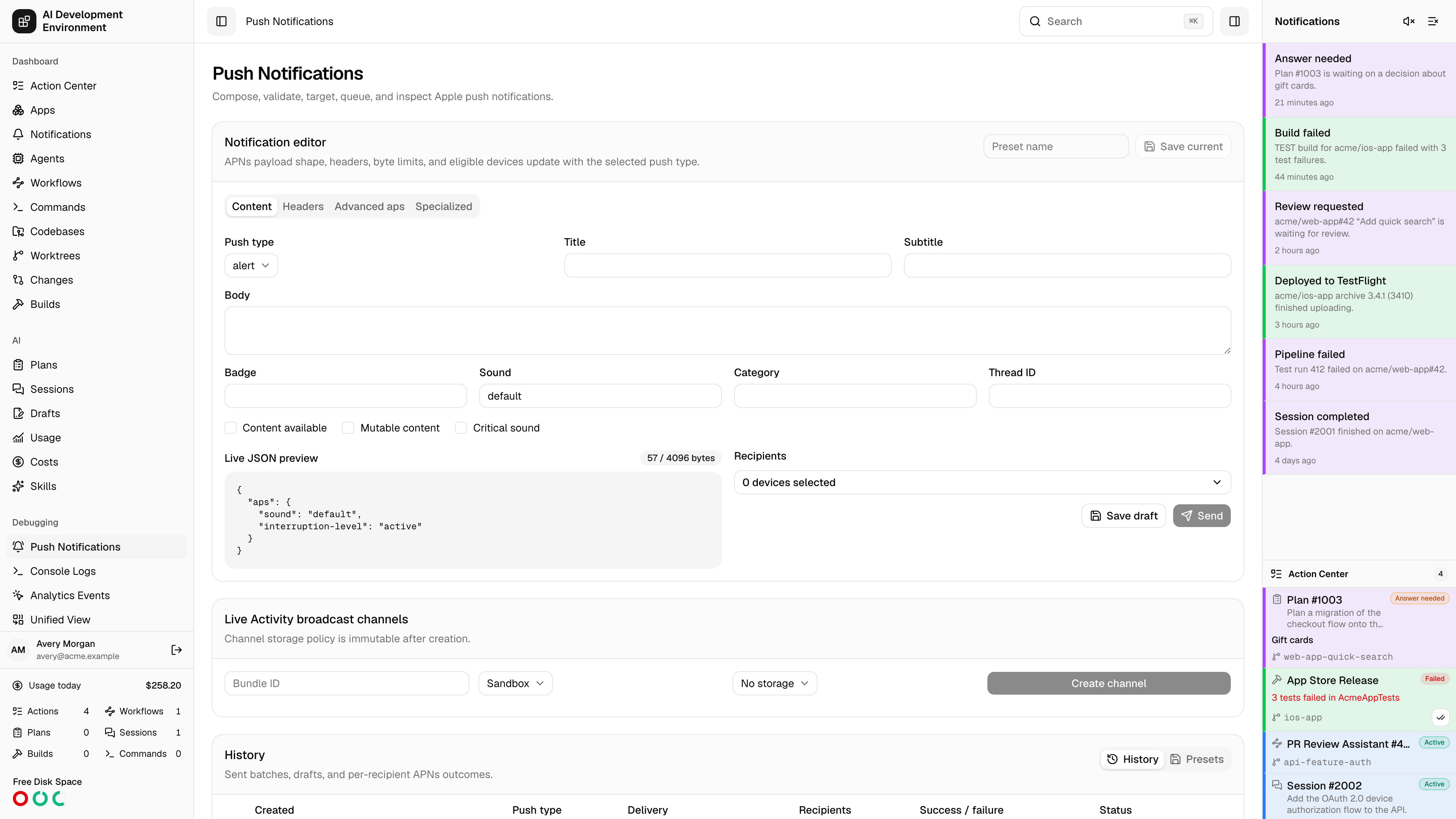 Push Notifications page in light theme