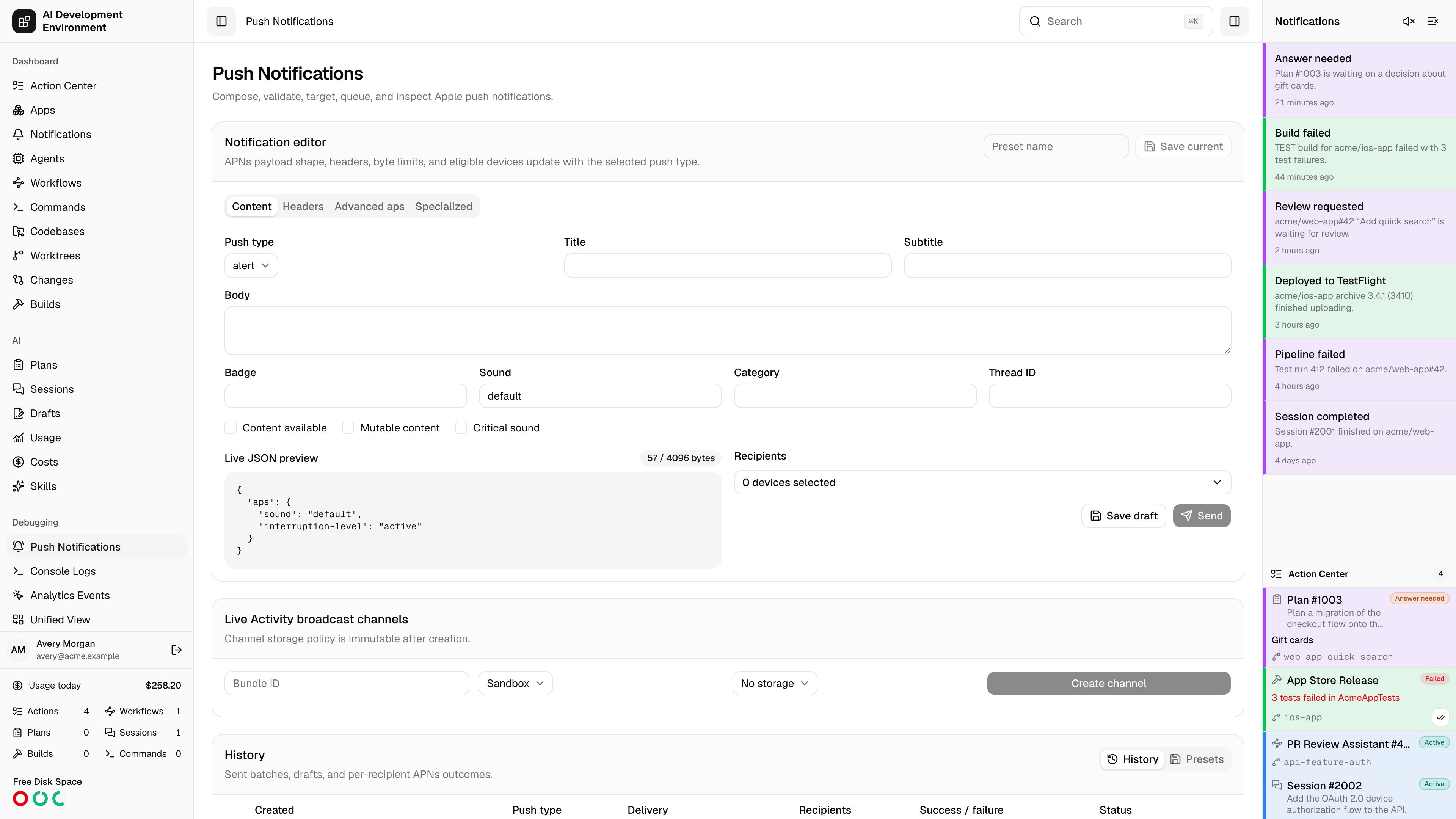 Push Notifications page in light theme