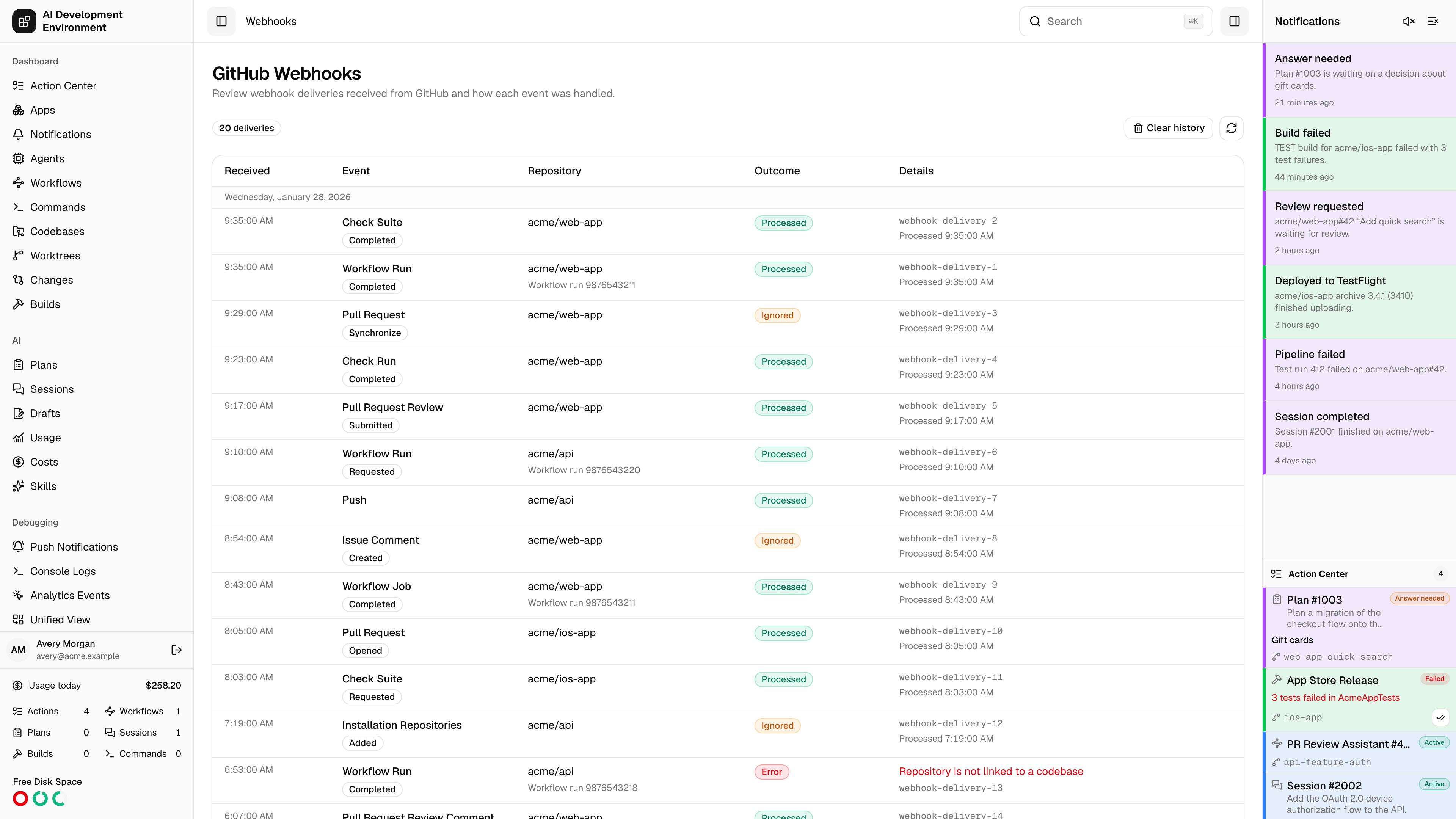 GitHub Webhooks page in light theme