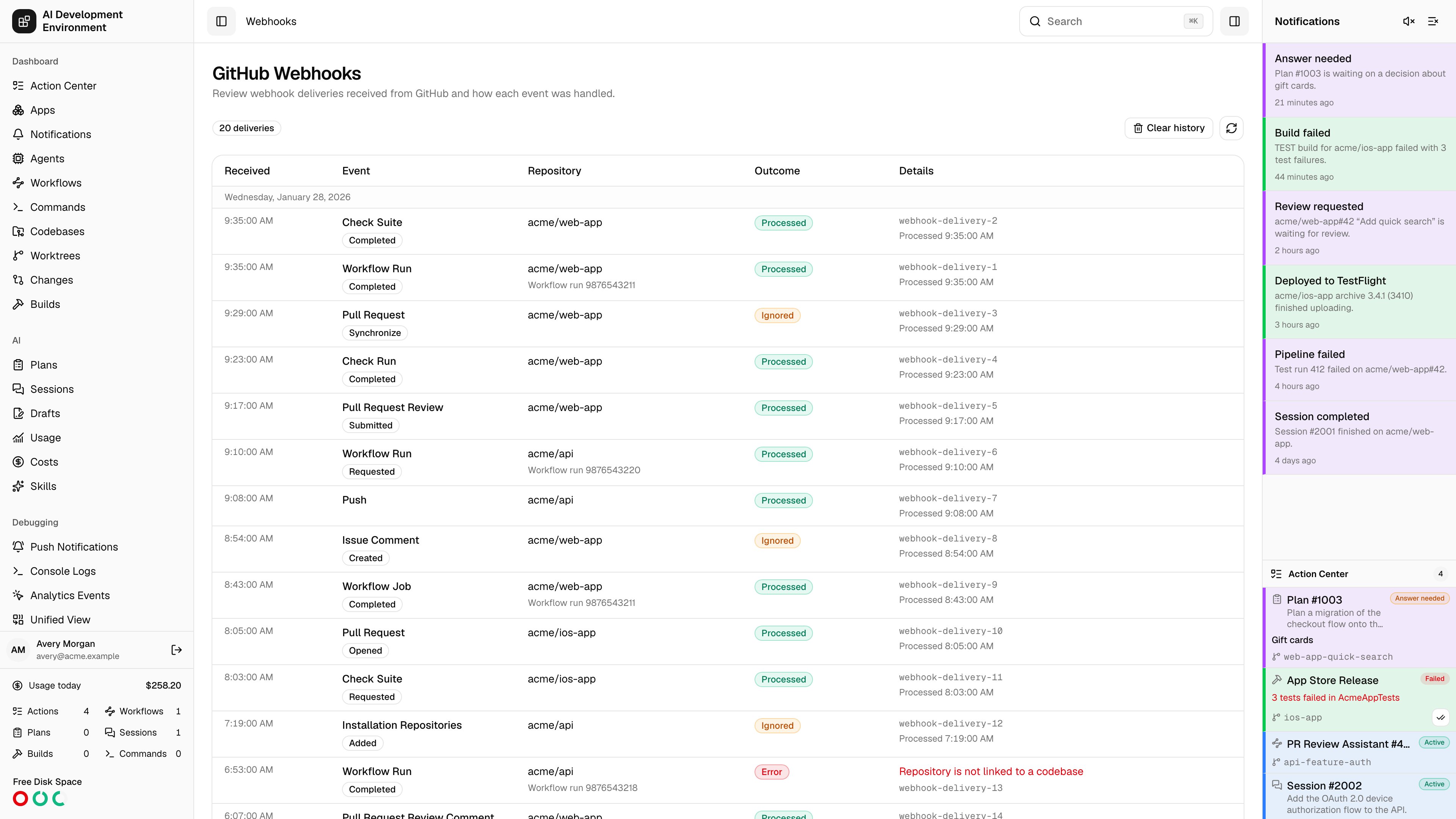 GitHub Webhooks page in light theme