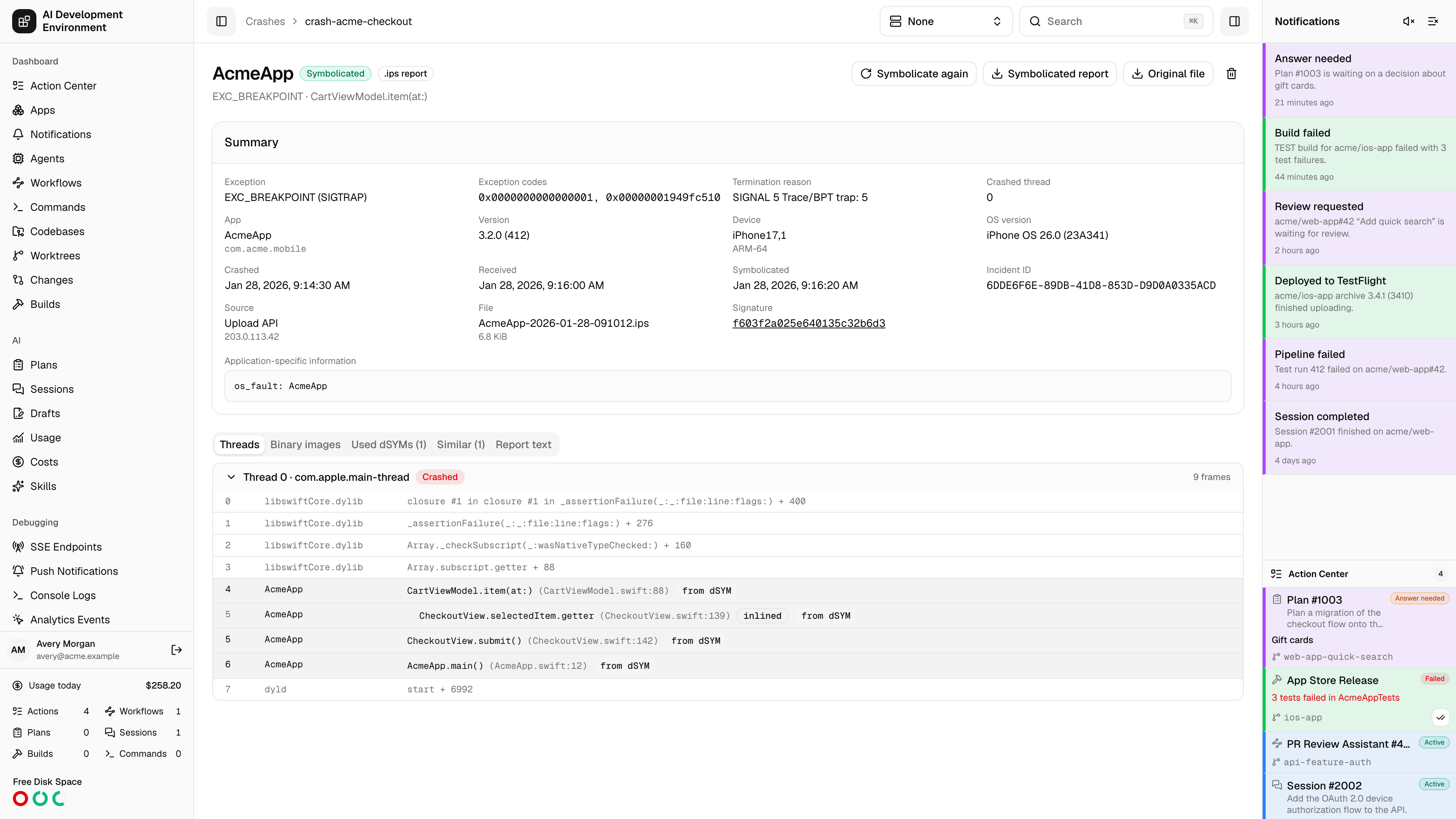 Crash details page in light theme