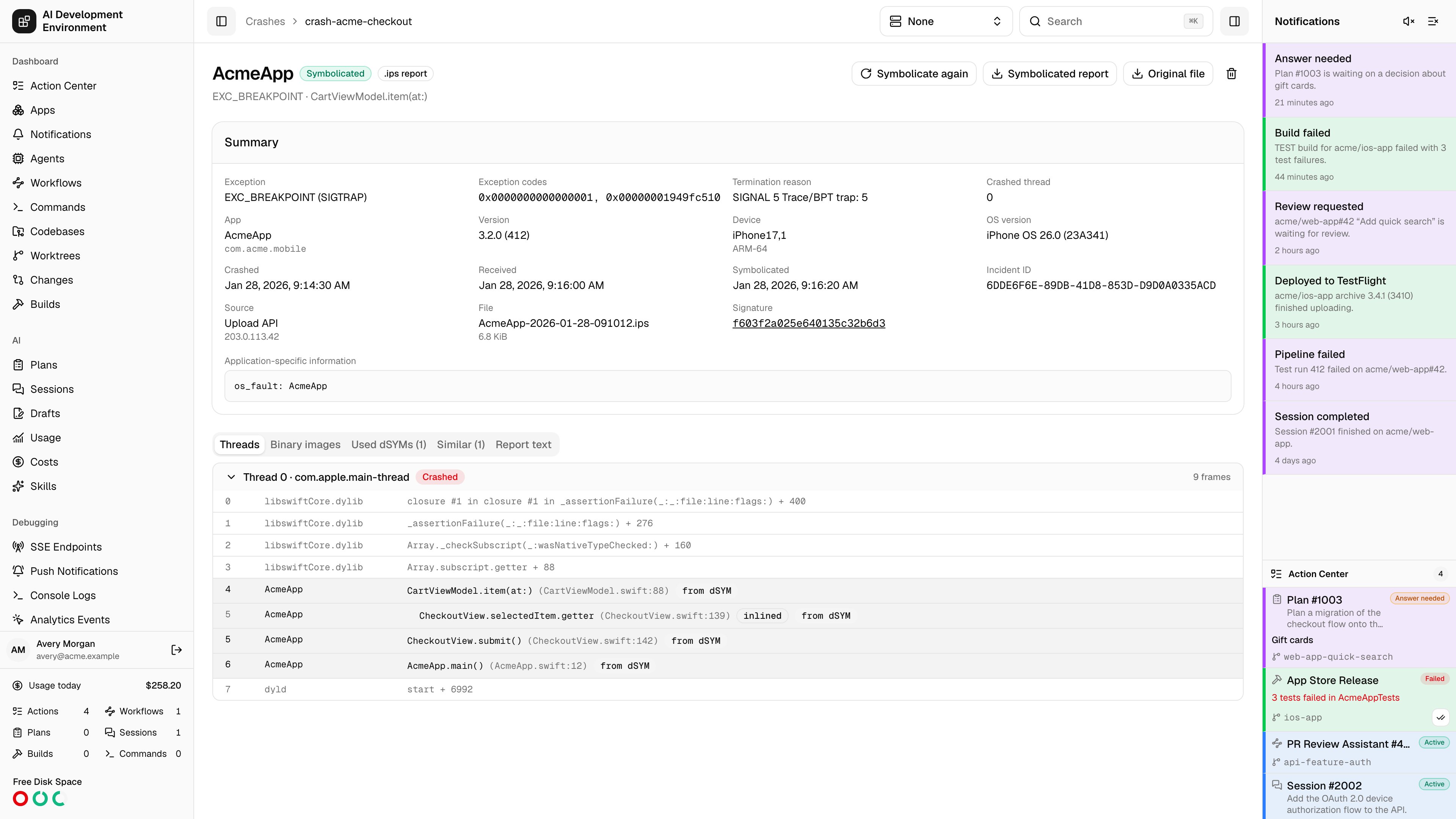 Crash details page in light theme