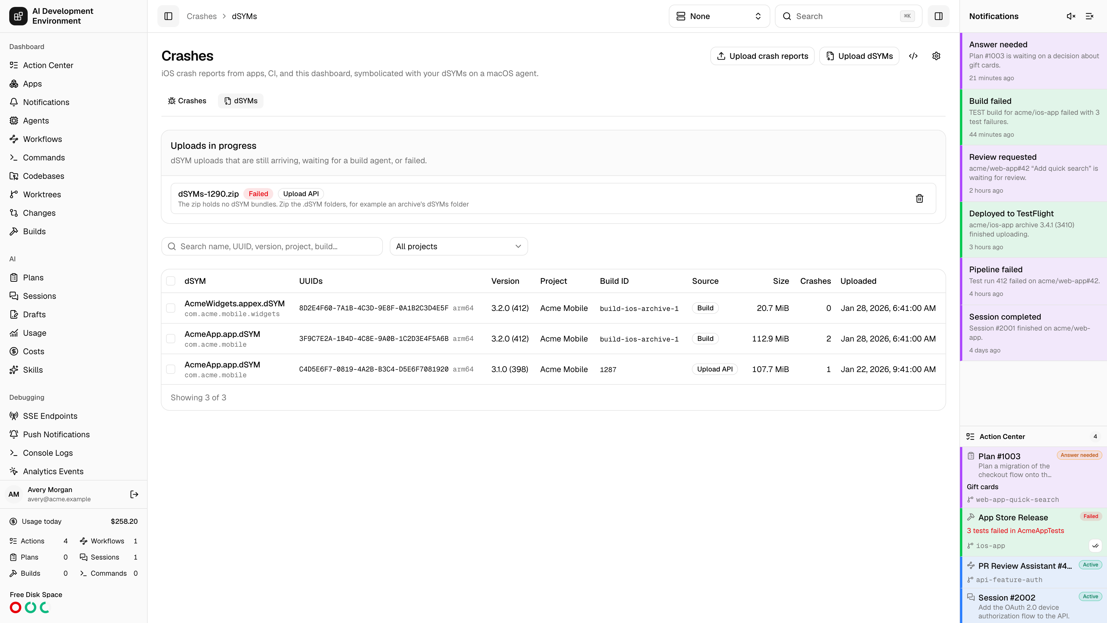 dSYMs table in light theme