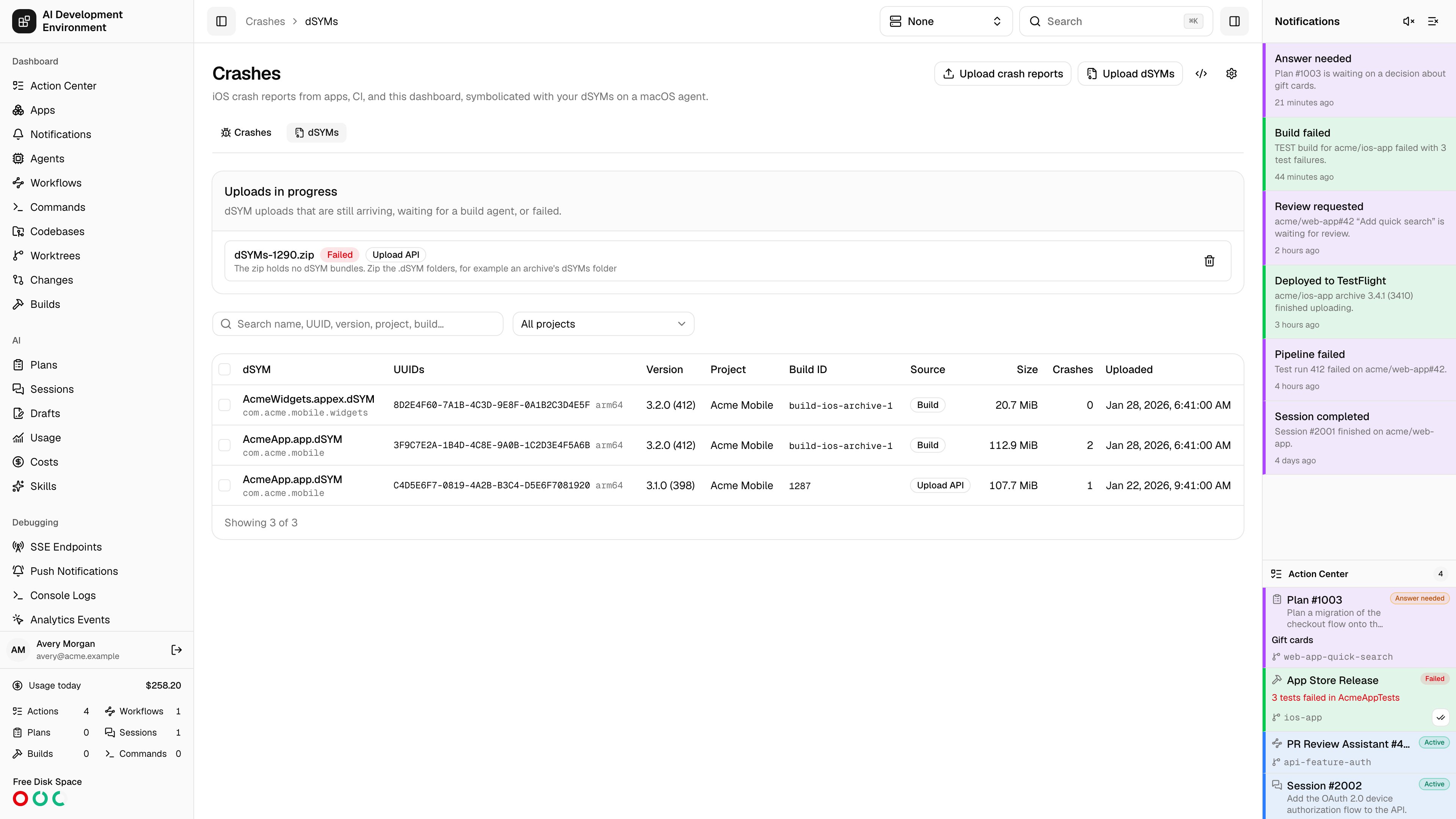 dSYMs table in light theme