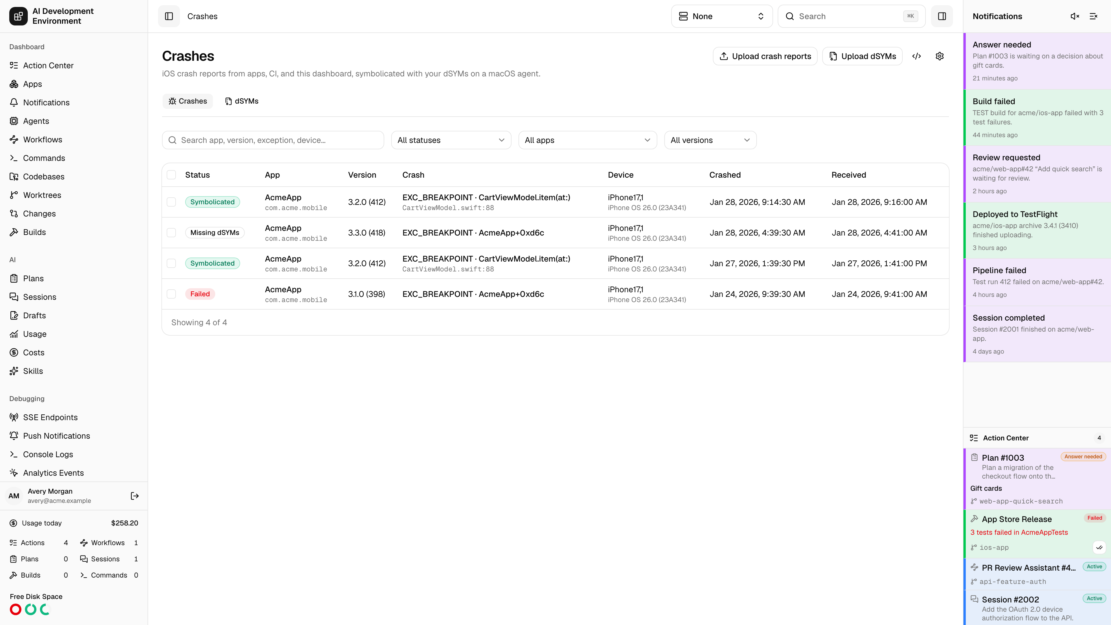 Crashes page in light theme