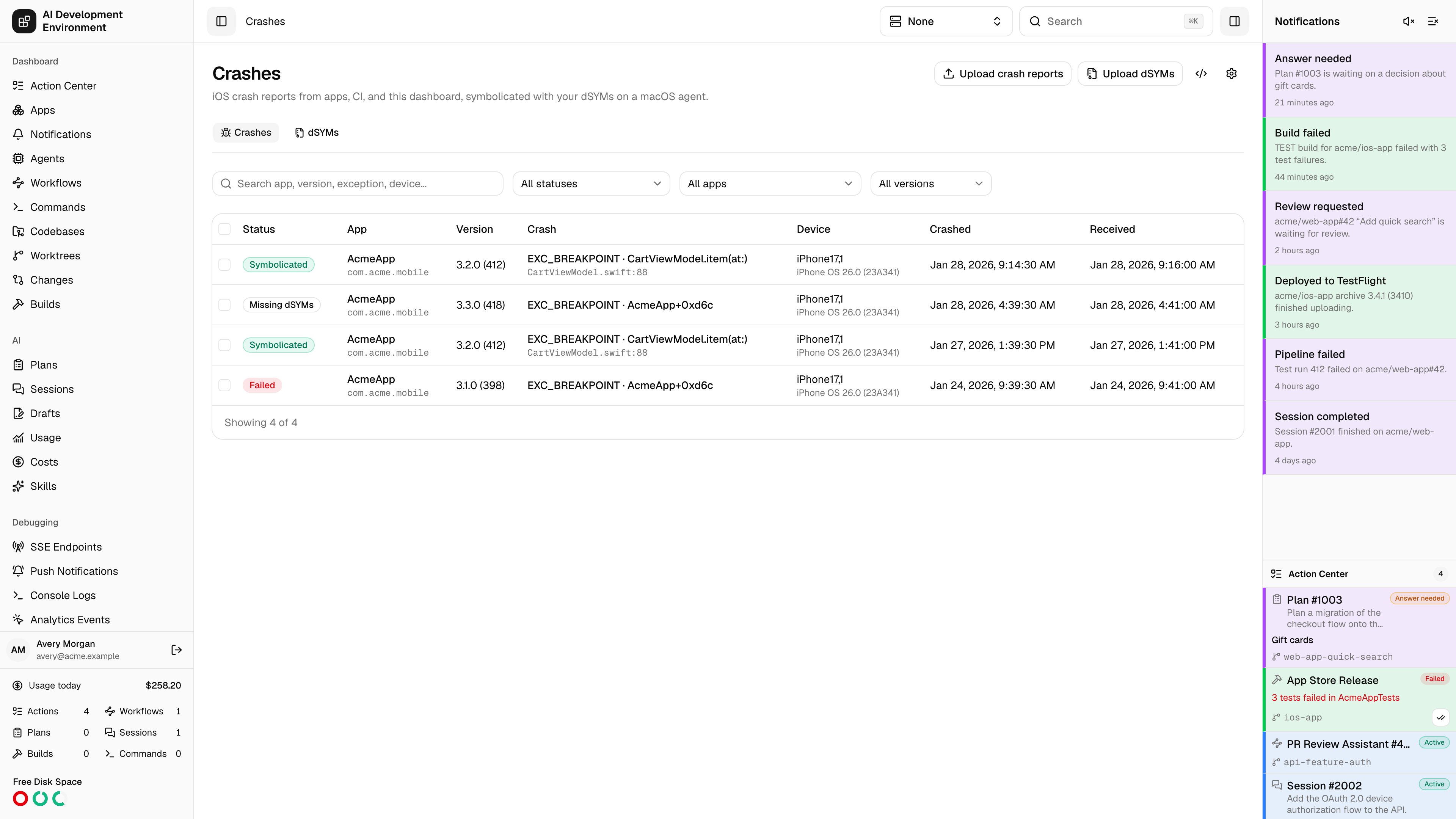 Crashes page in light theme