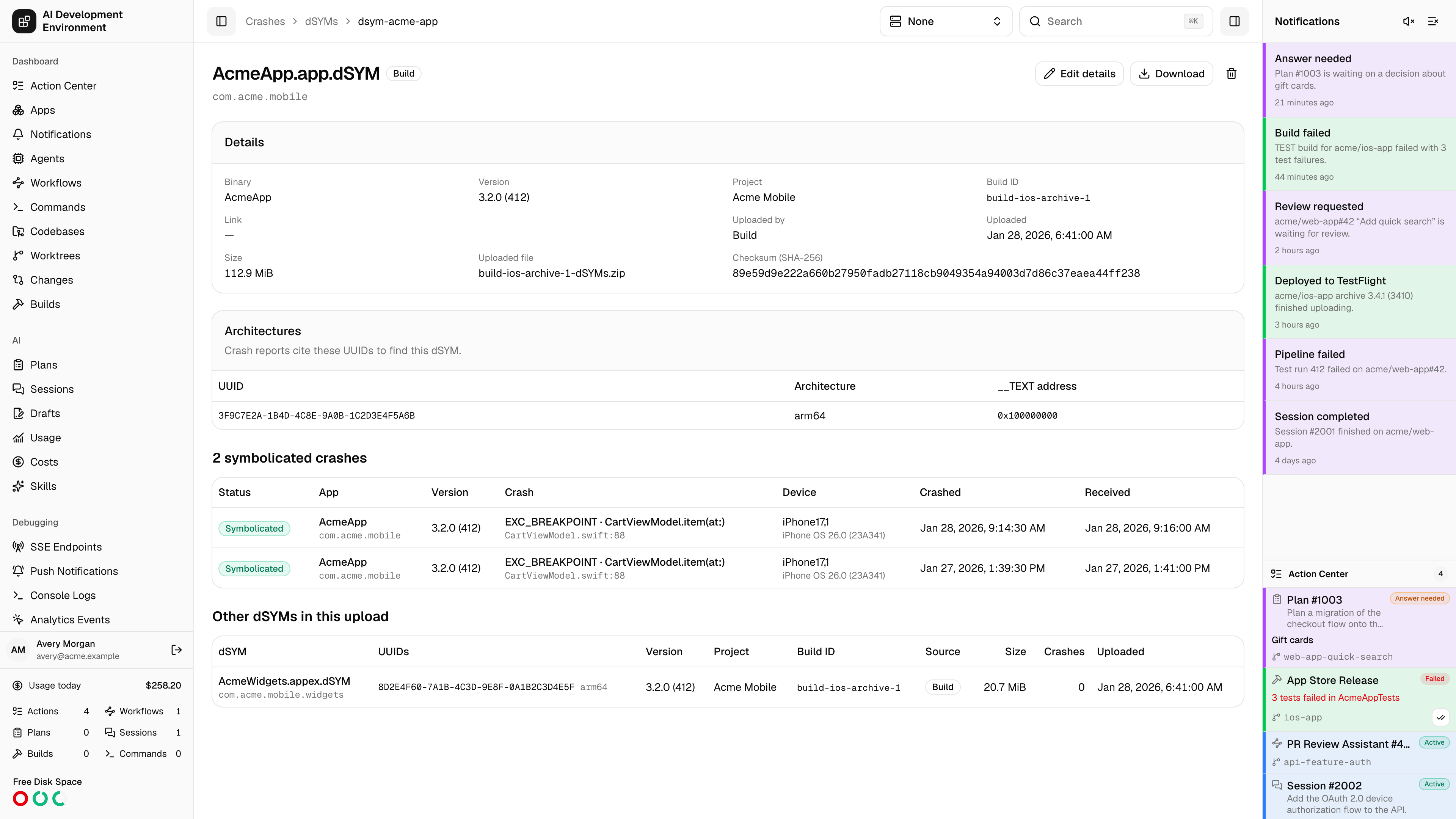 dSYM details page in light theme