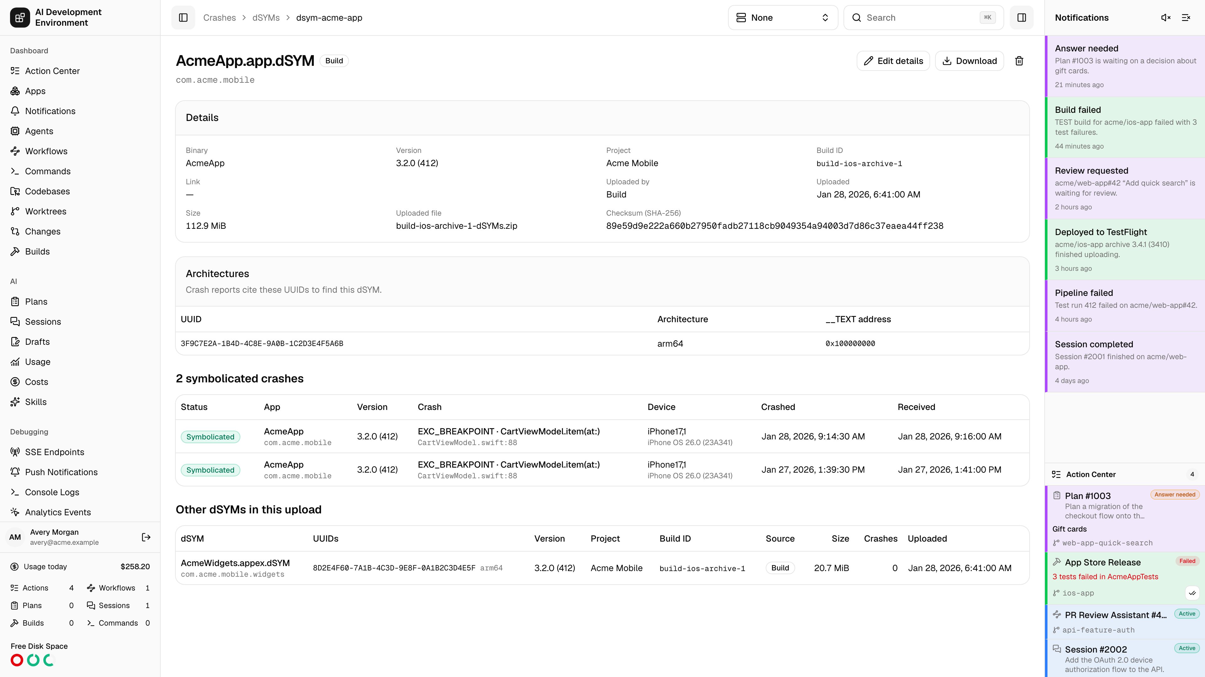 dSYM details page in light theme