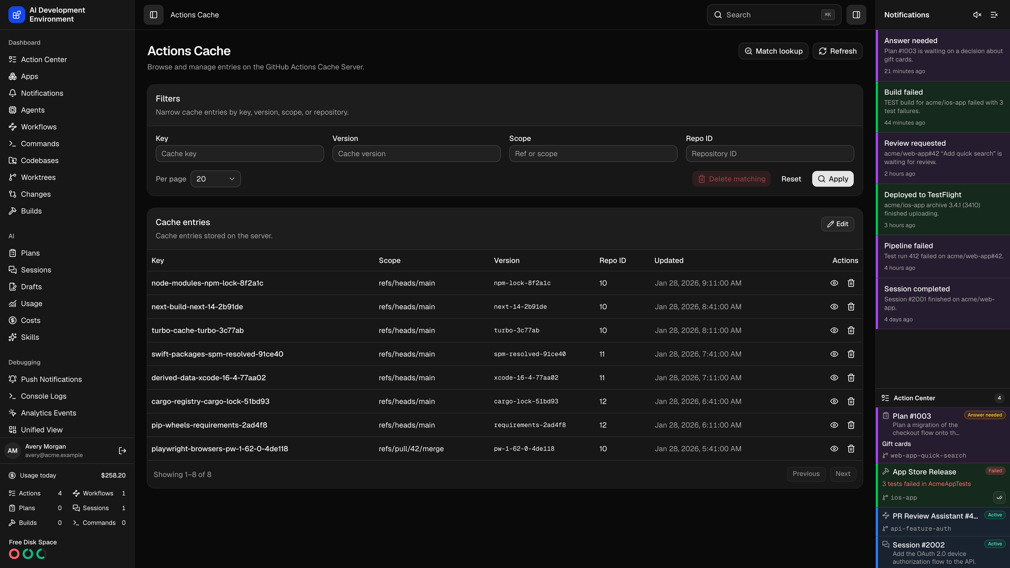 Actions Cache page in dark theme