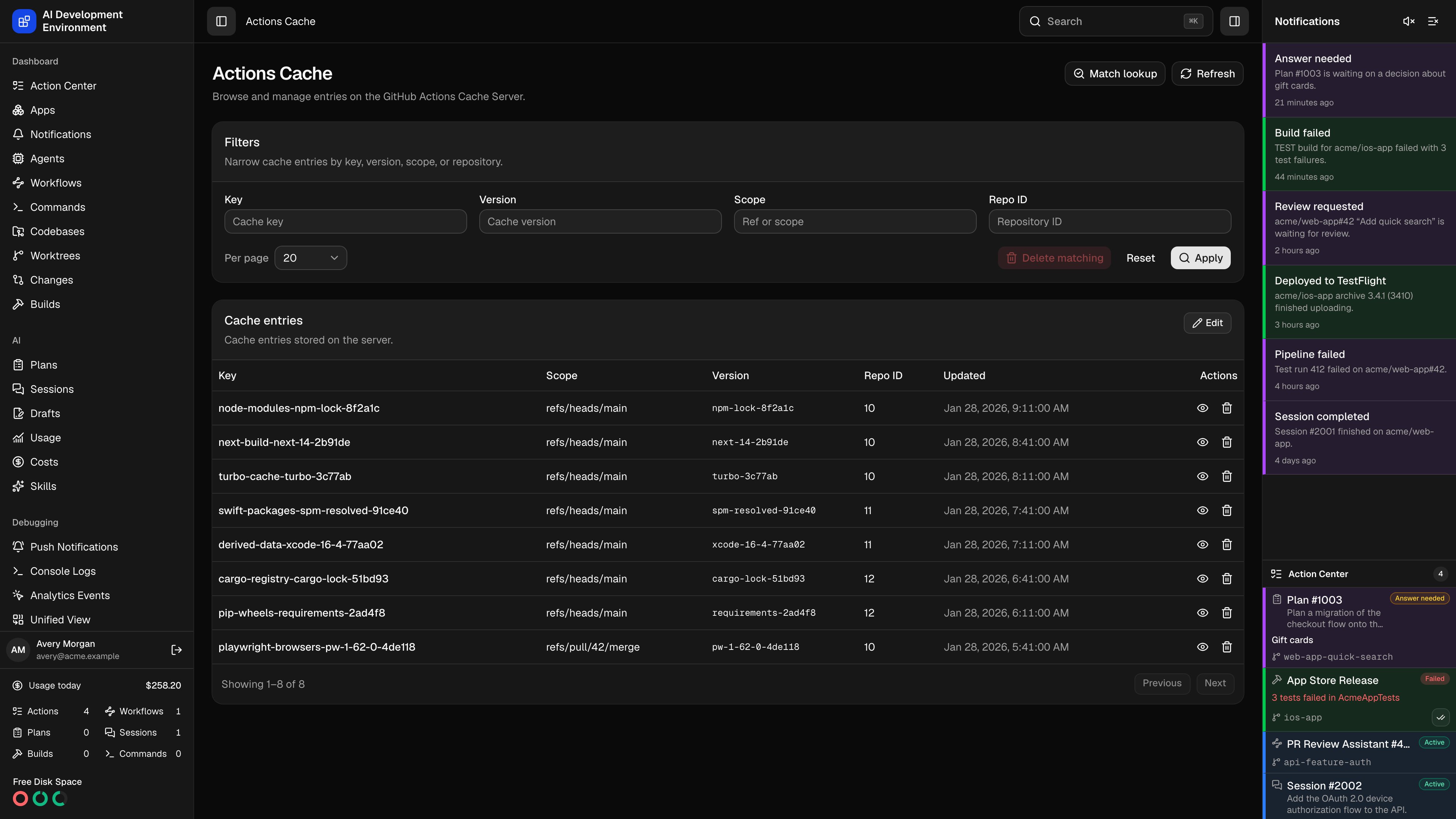 Actions Cache page in dark theme