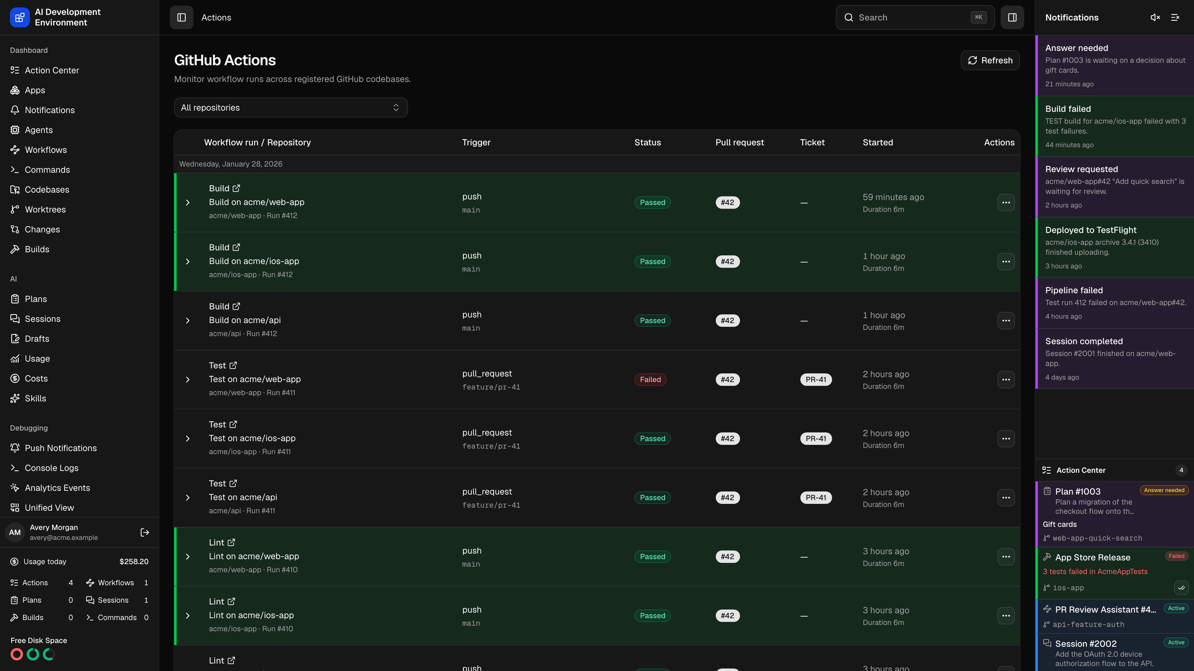 GitHub Actions page in dark theme