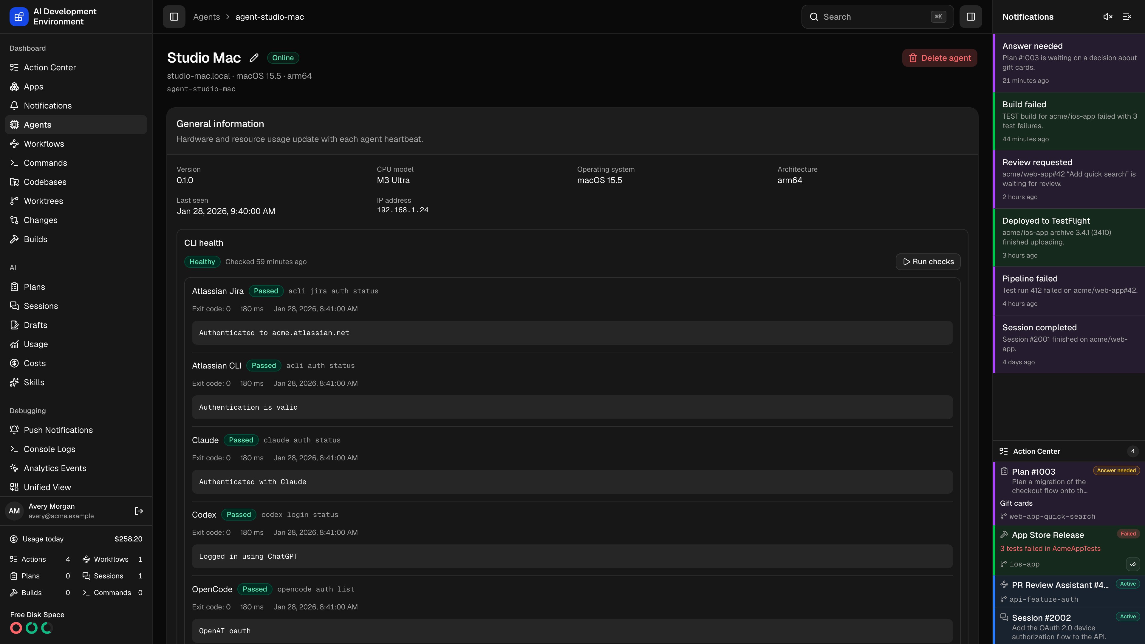 Agent details in dark theme
