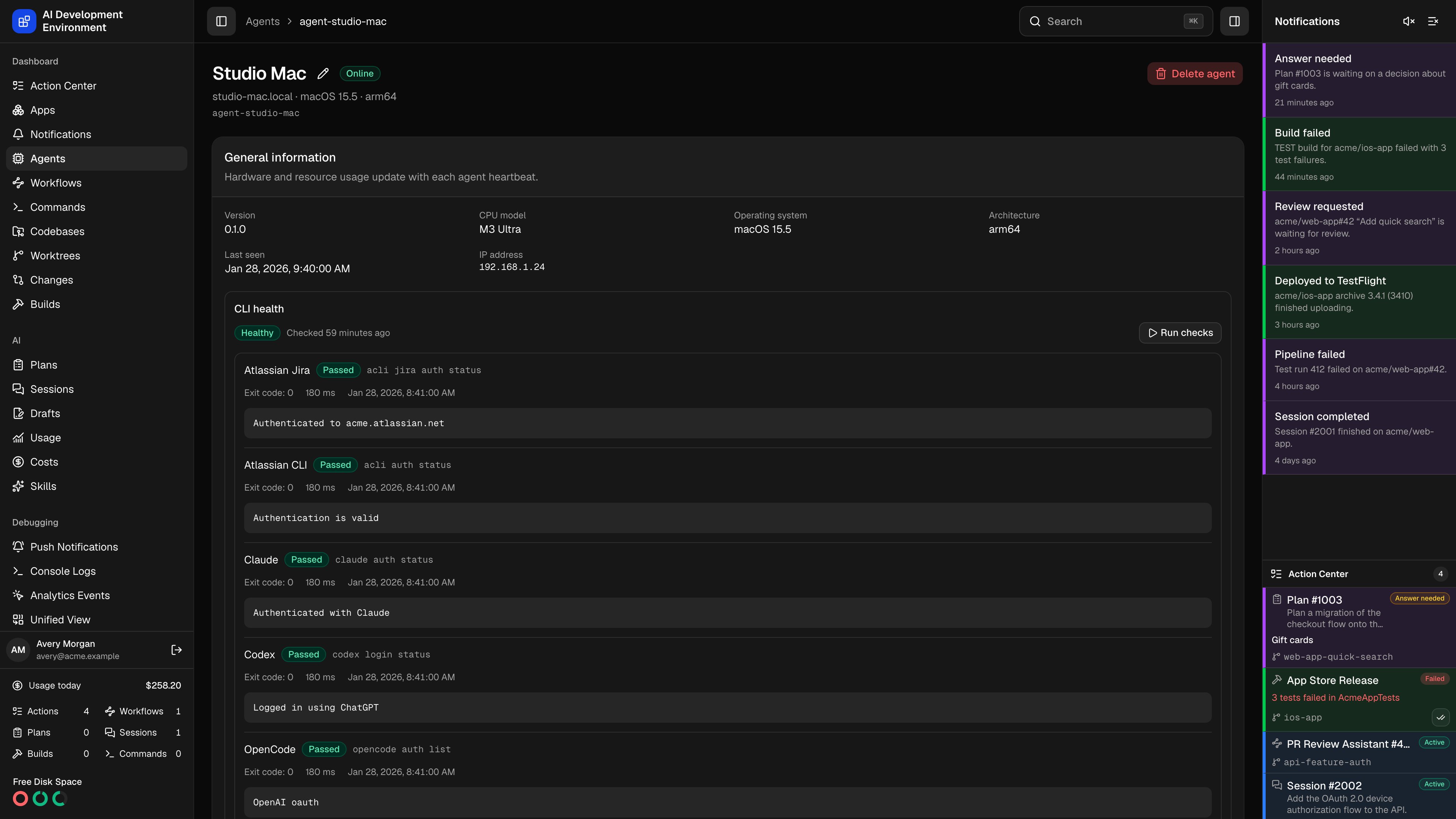 Agent details in dark theme