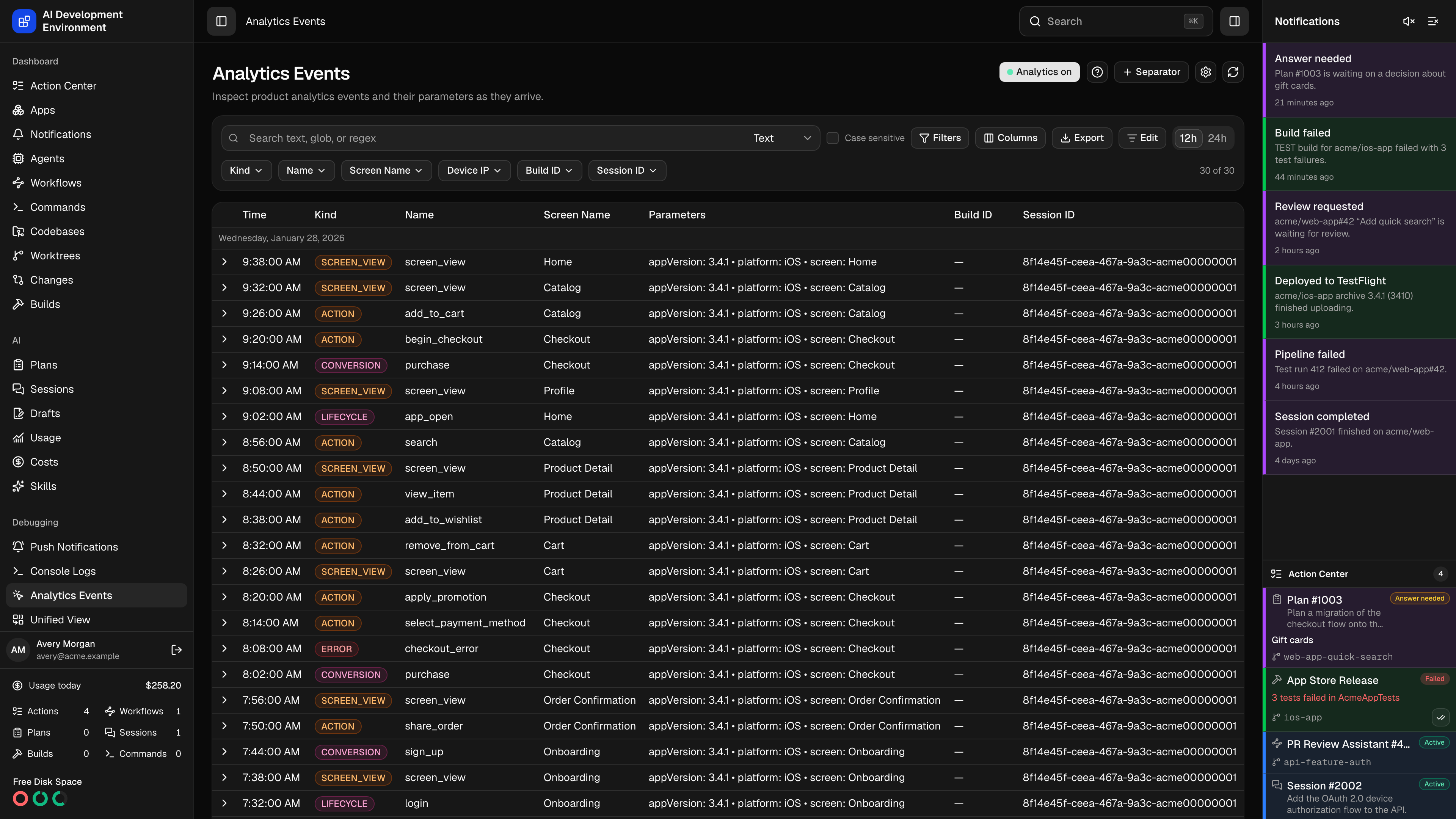Analytics Events page in dark theme