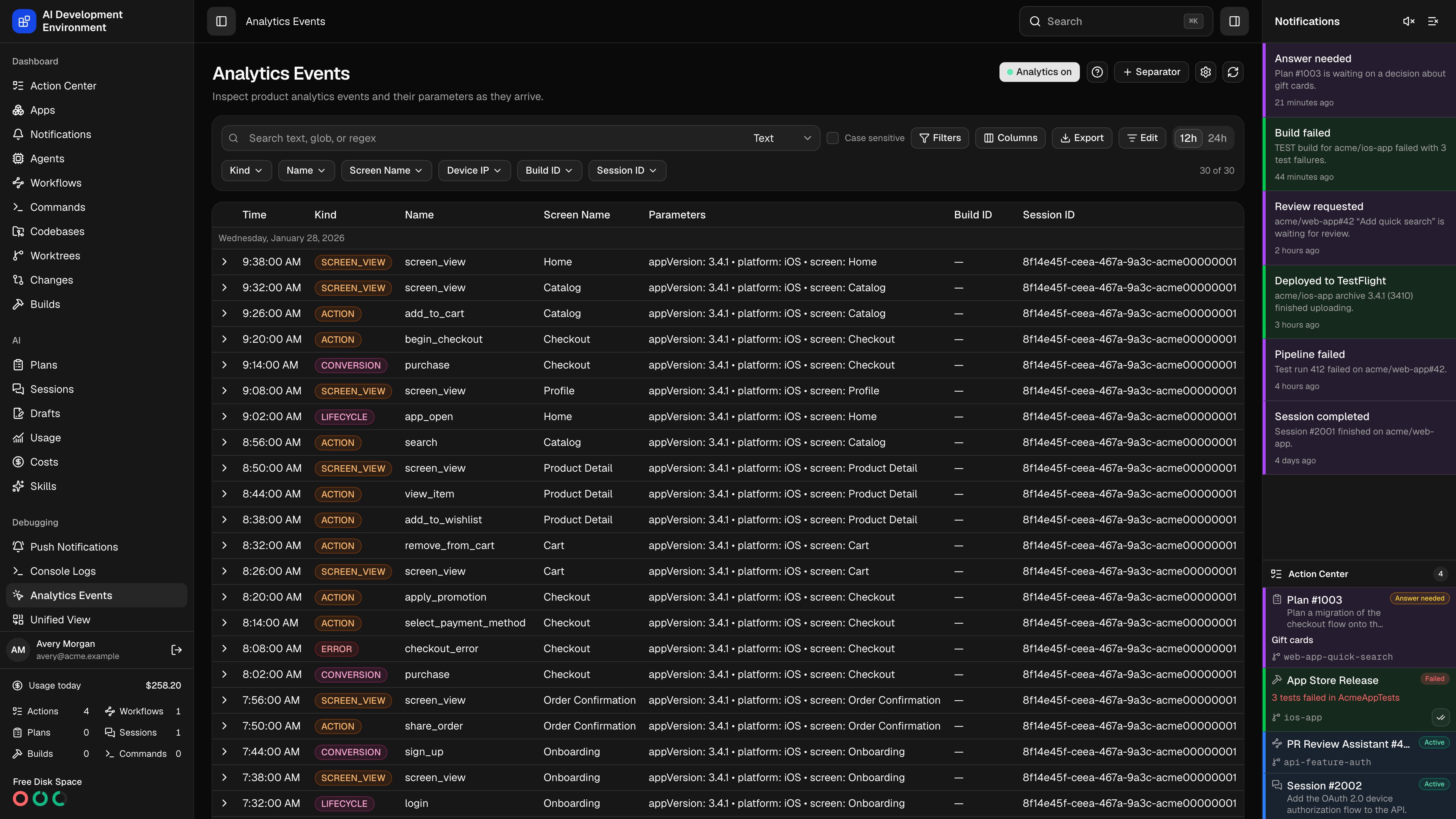 Analytics Events page in dark theme