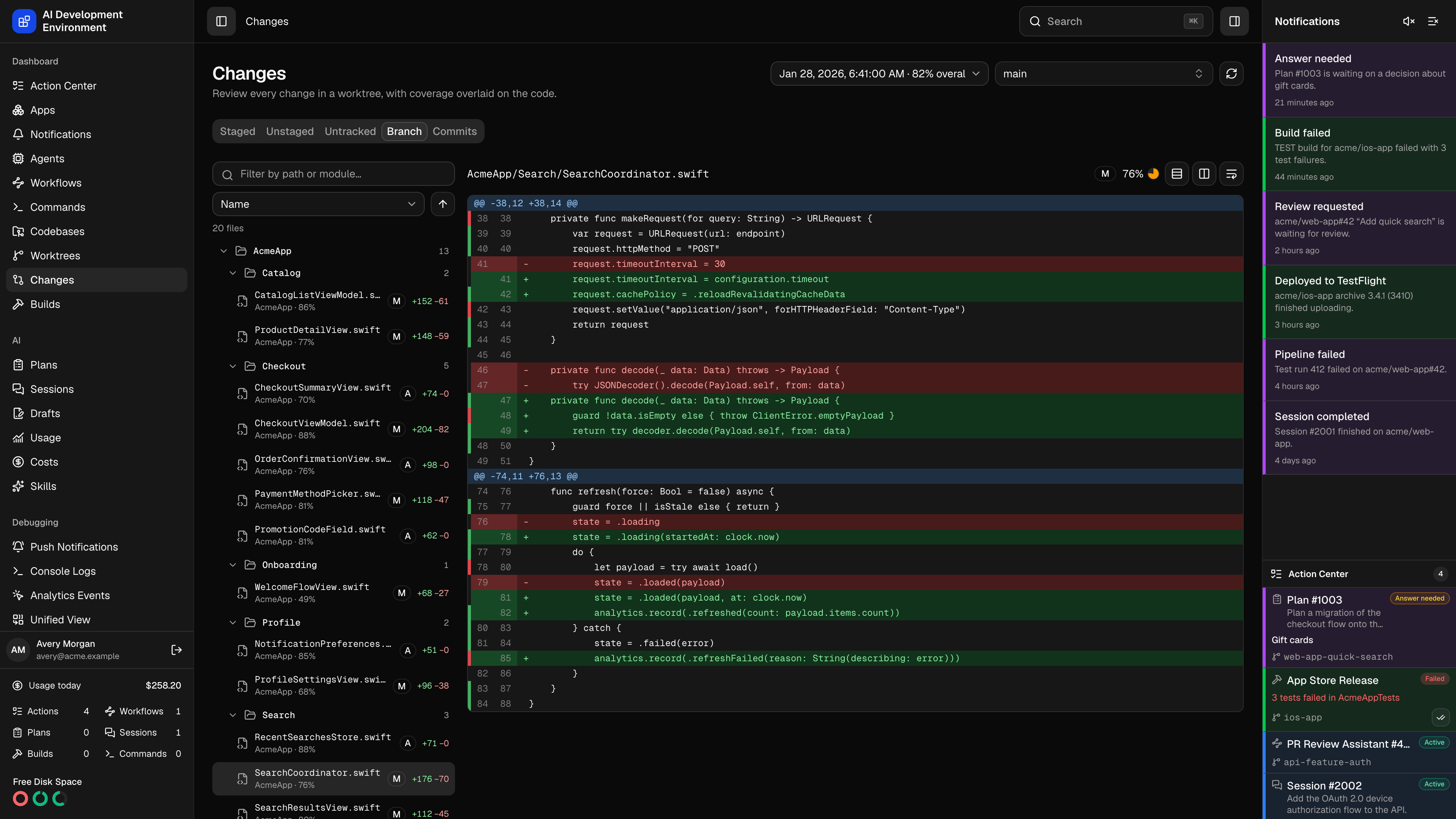 Changes page in dark theme