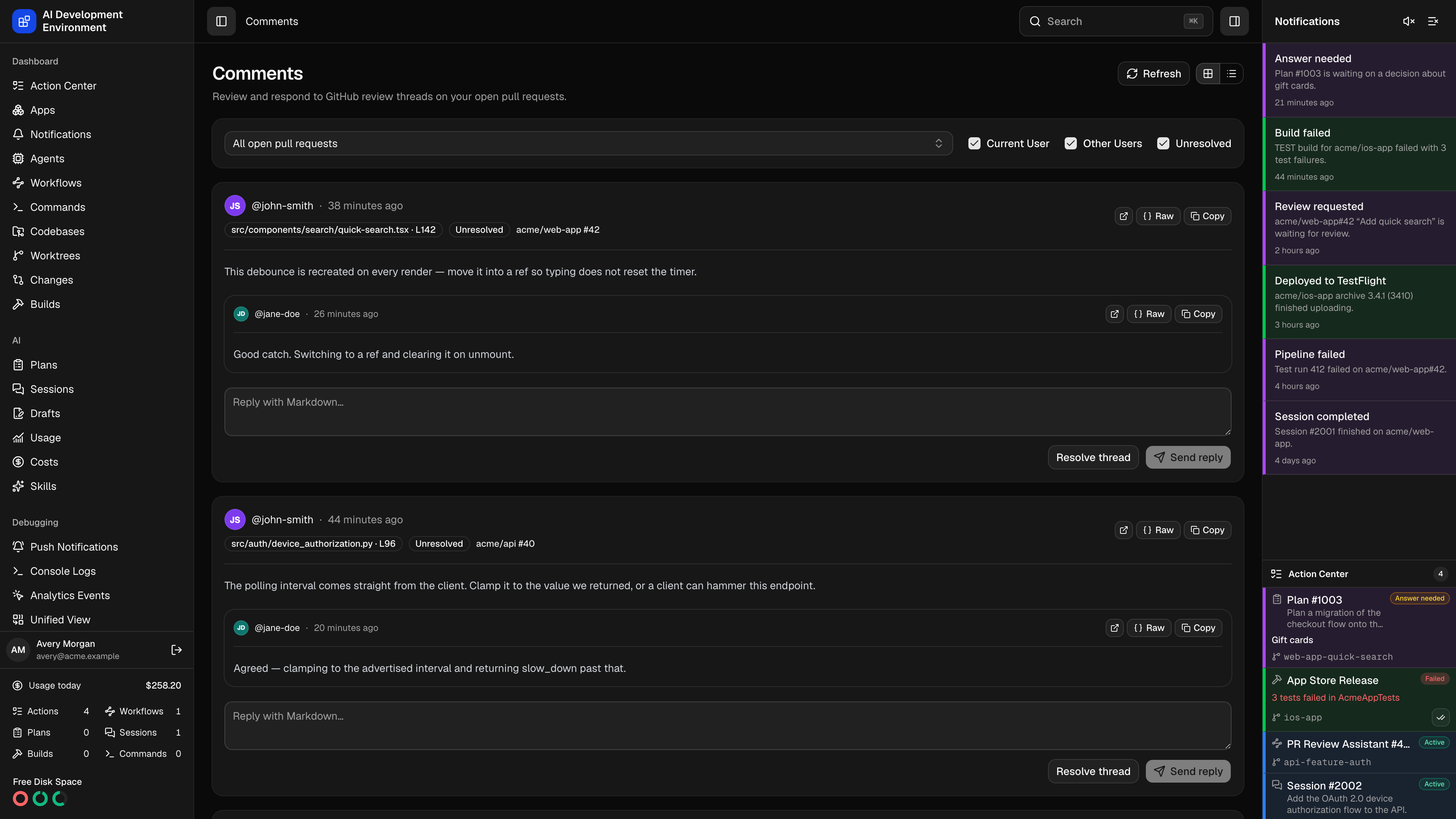 Comments page in dark theme
