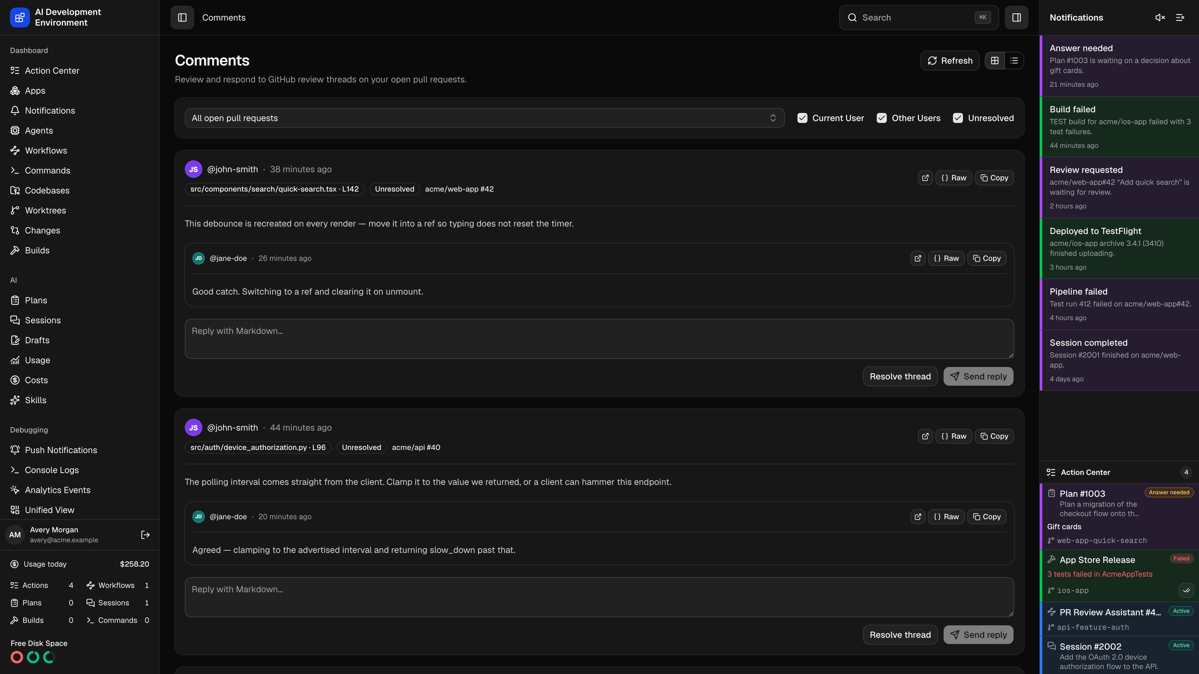 Comments page in dark theme