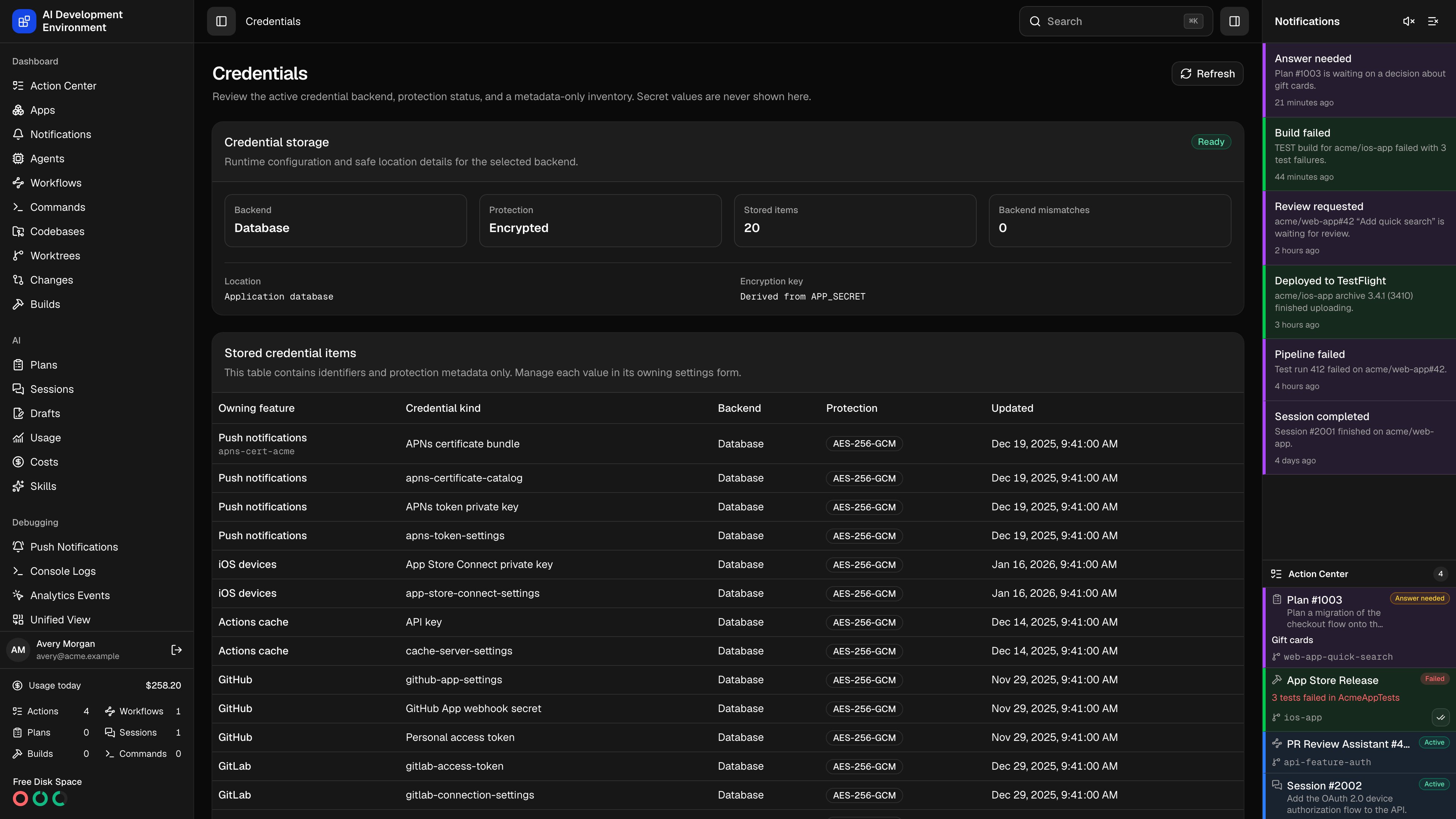 Credentials page in dark theme