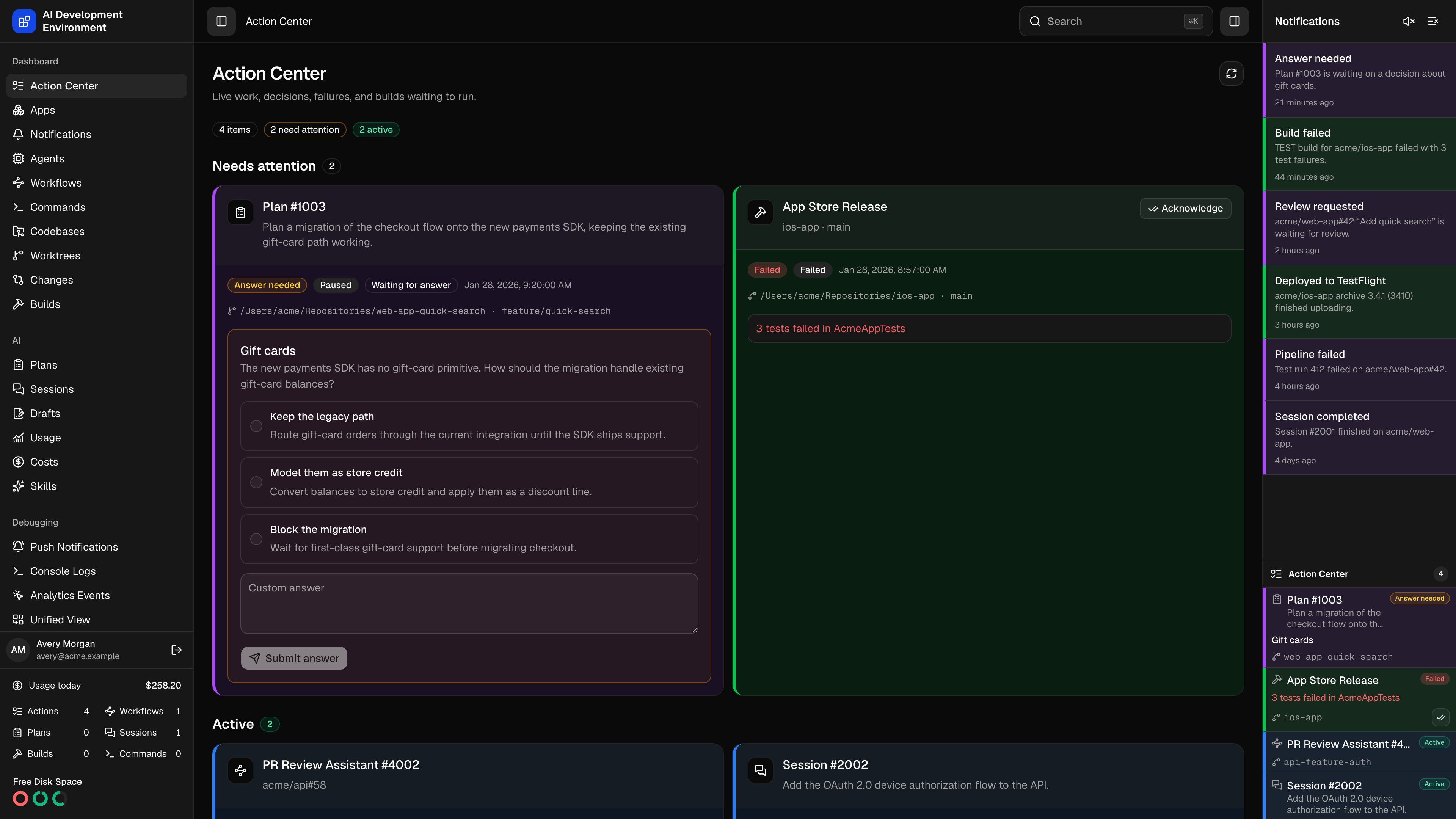 Action Center in dark theme