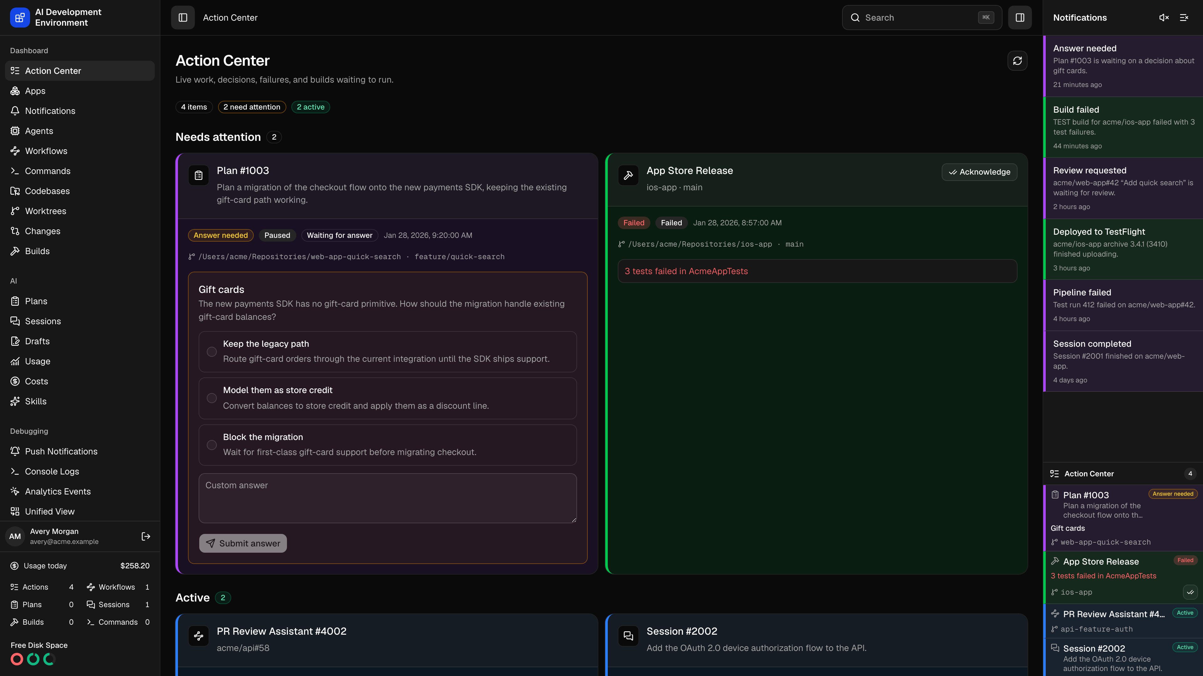 Action Center in dark theme