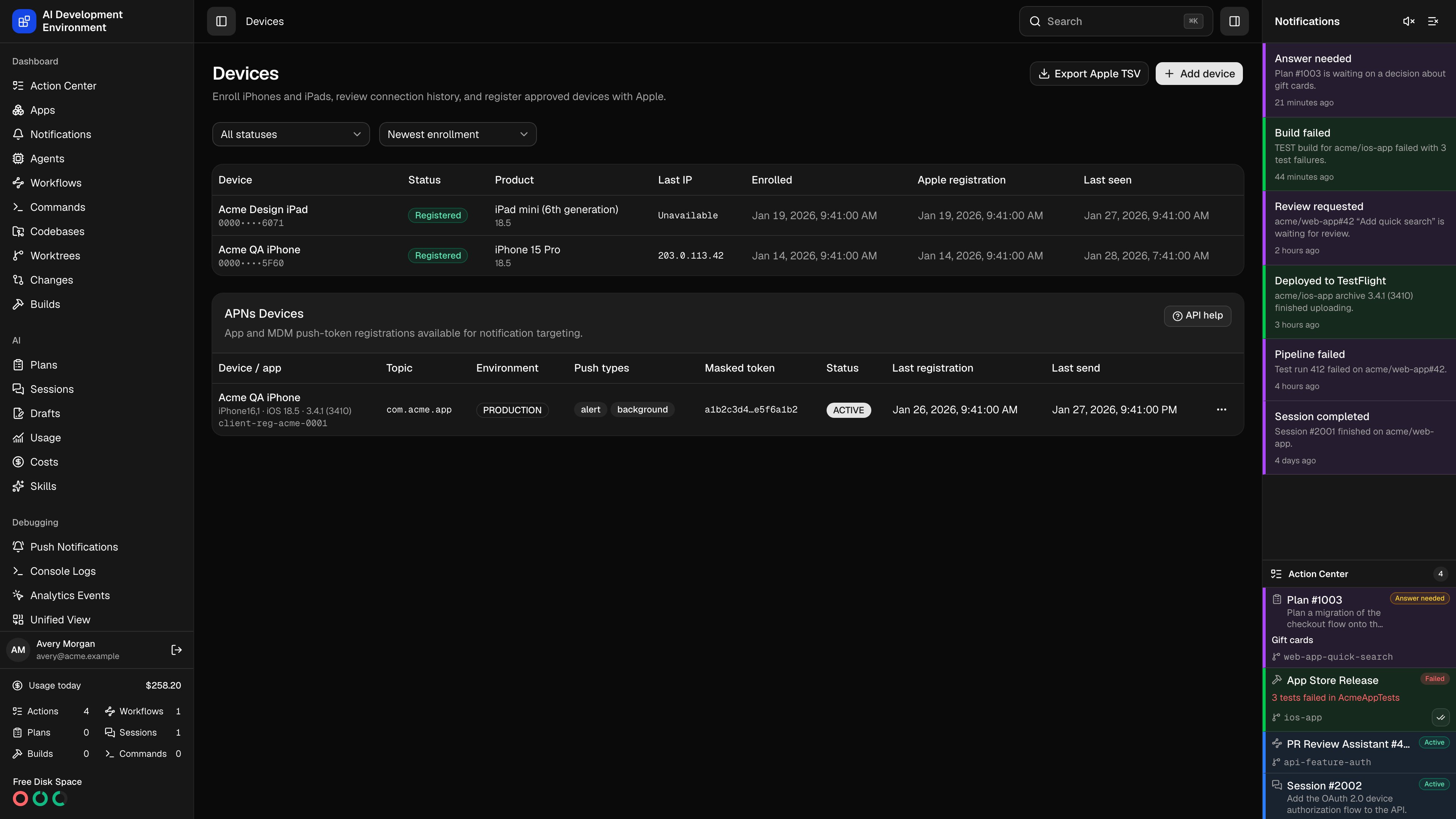 Devices page in dark theme