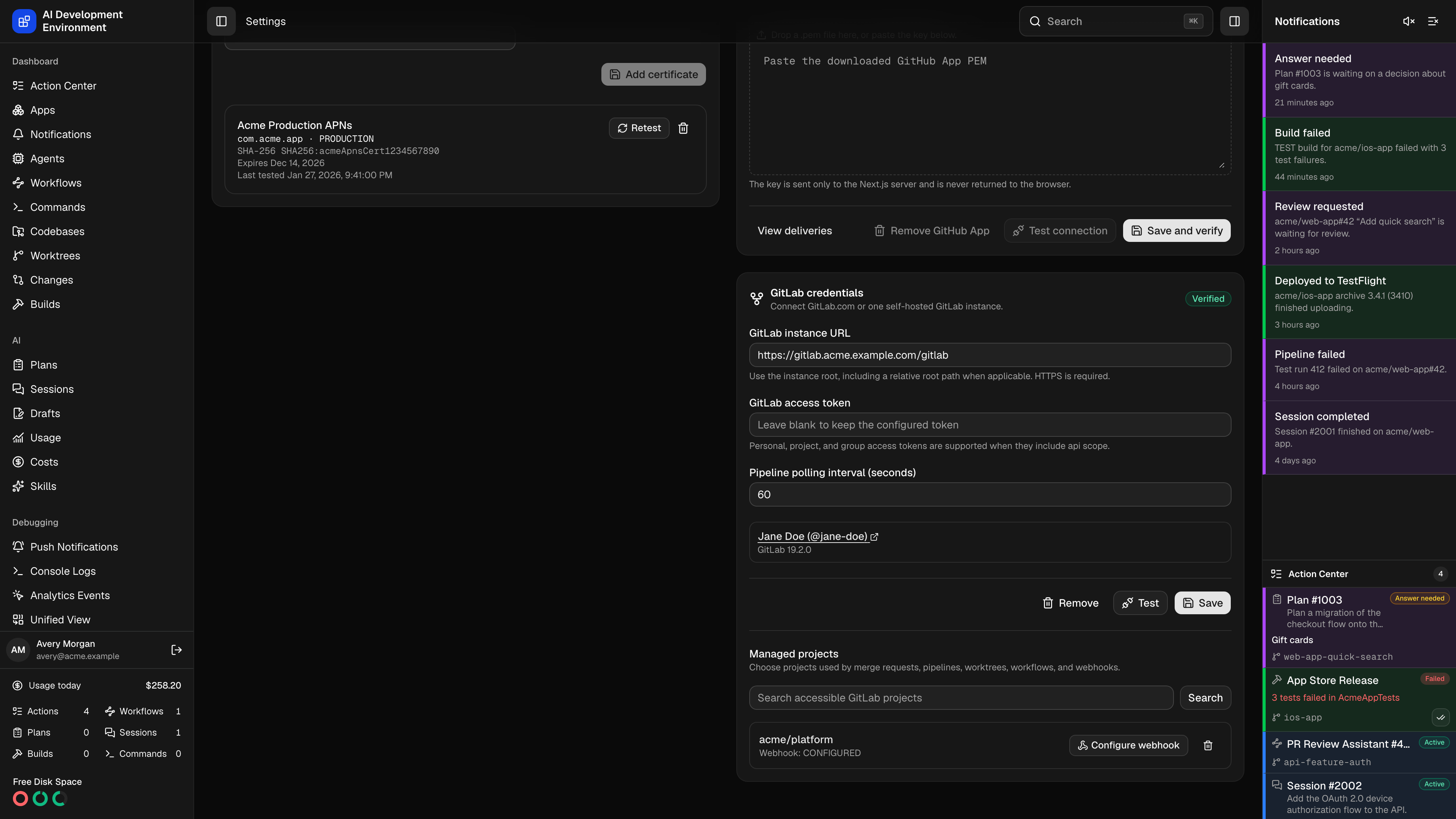 Managed GitLab projects in Settings in dark theme