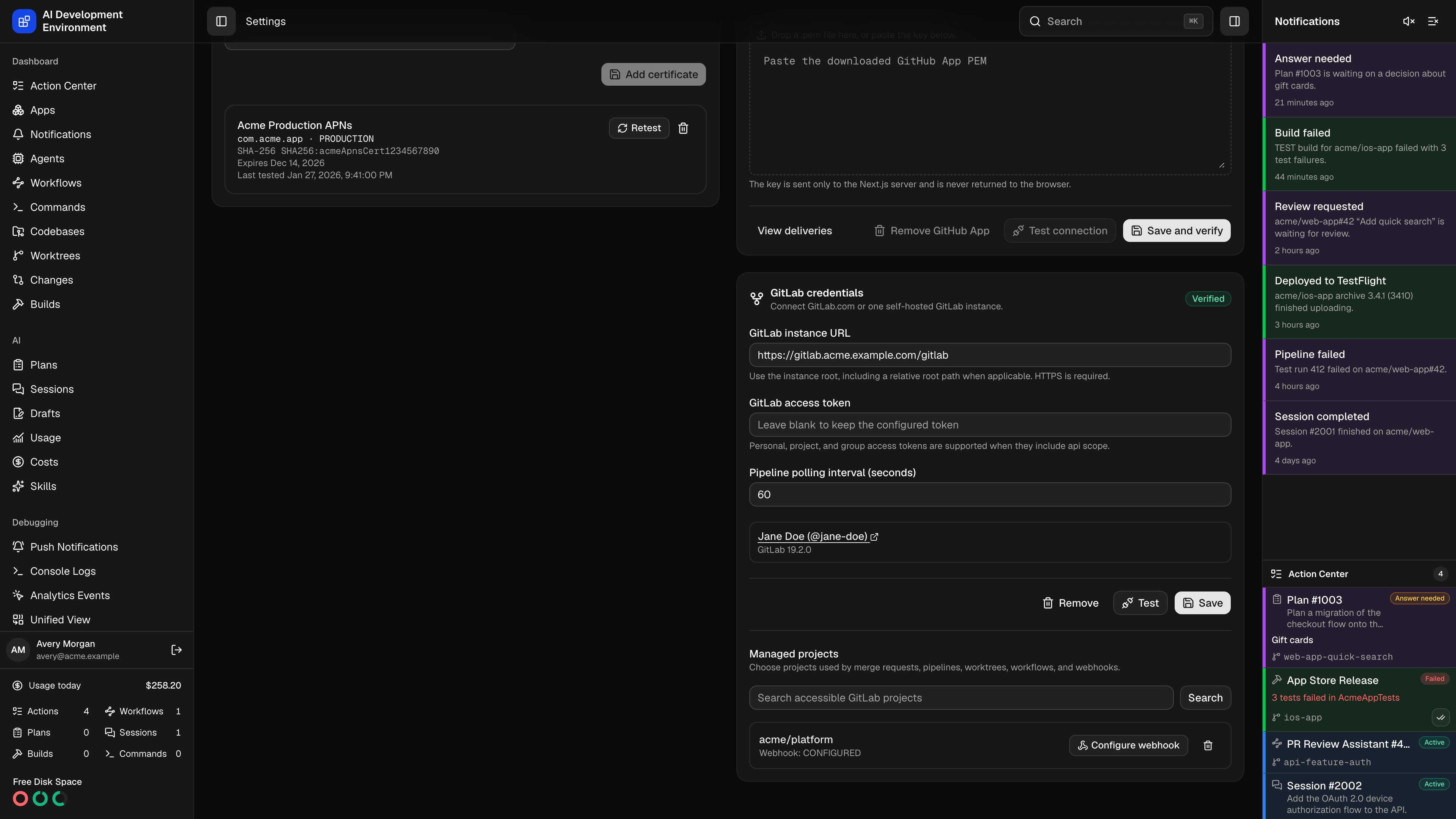 Managed GitLab projects in Settings in dark theme
