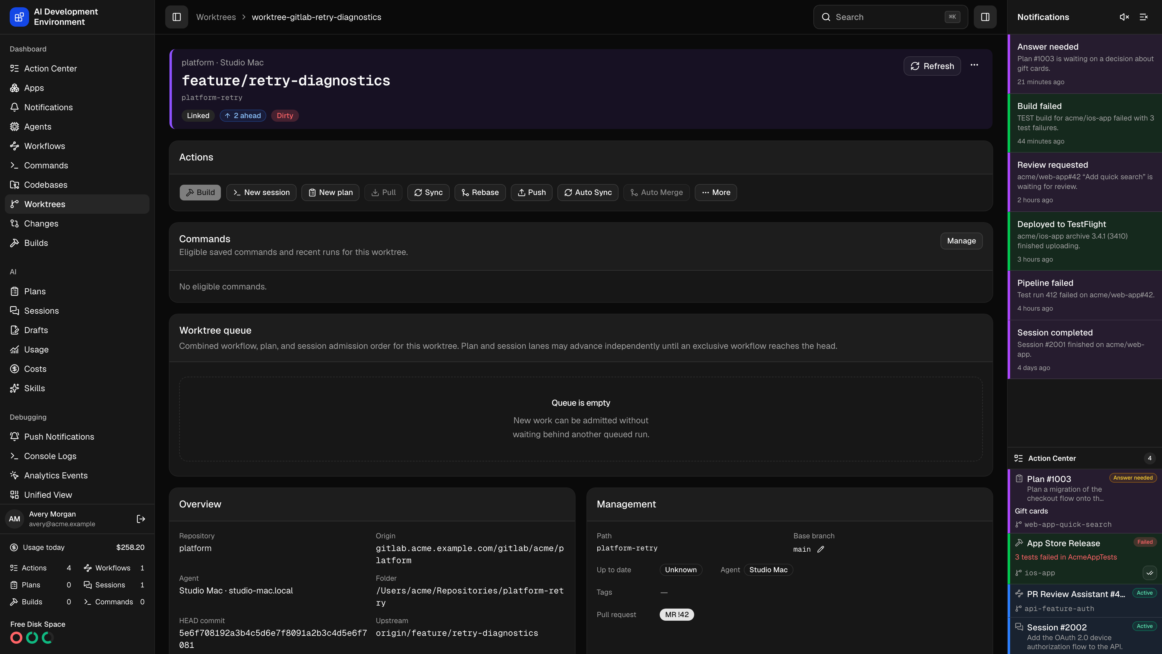 Worktree linked to a GitLab merge request in dark theme