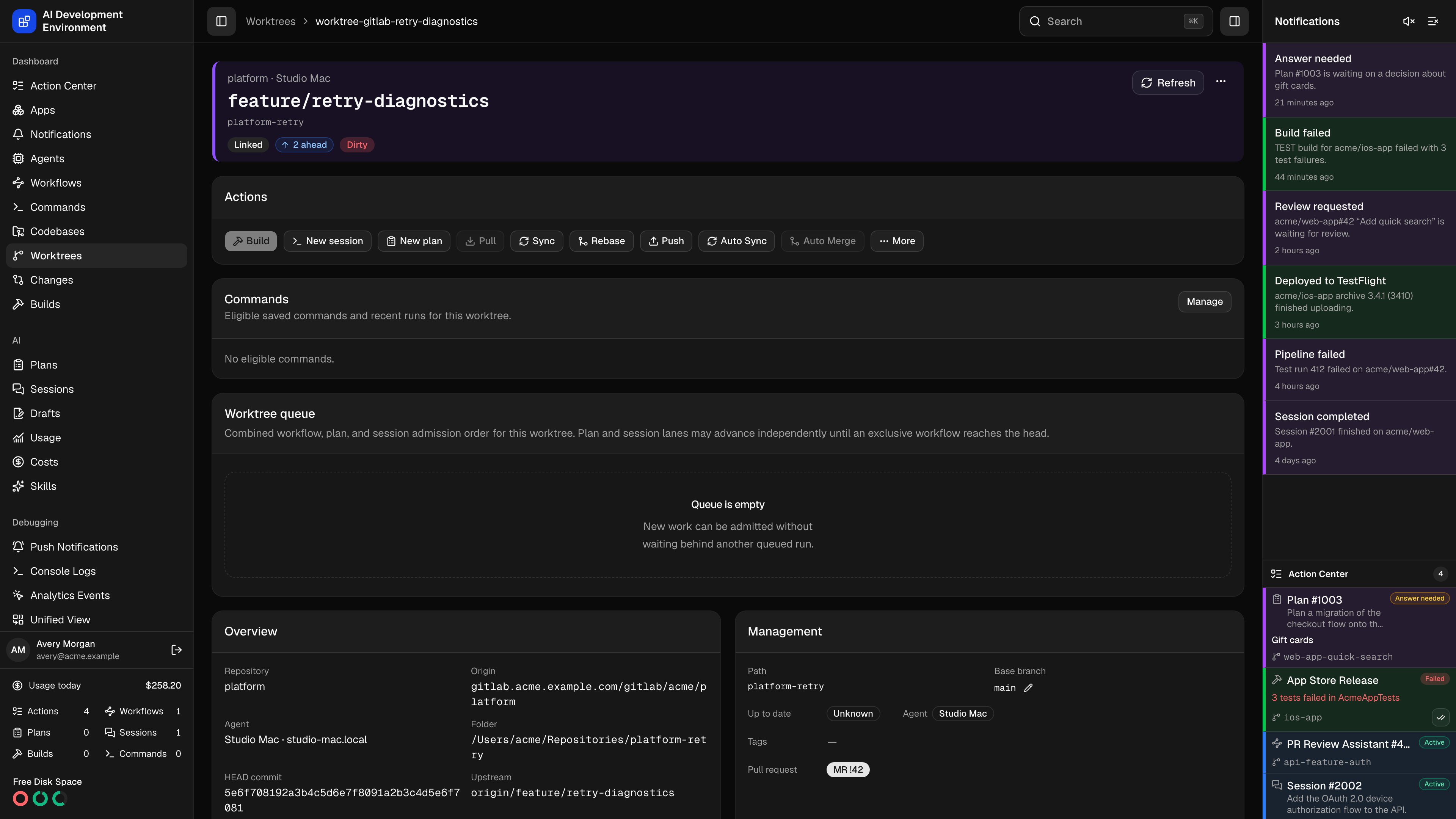 Worktree linked to a GitLab merge request in dark theme