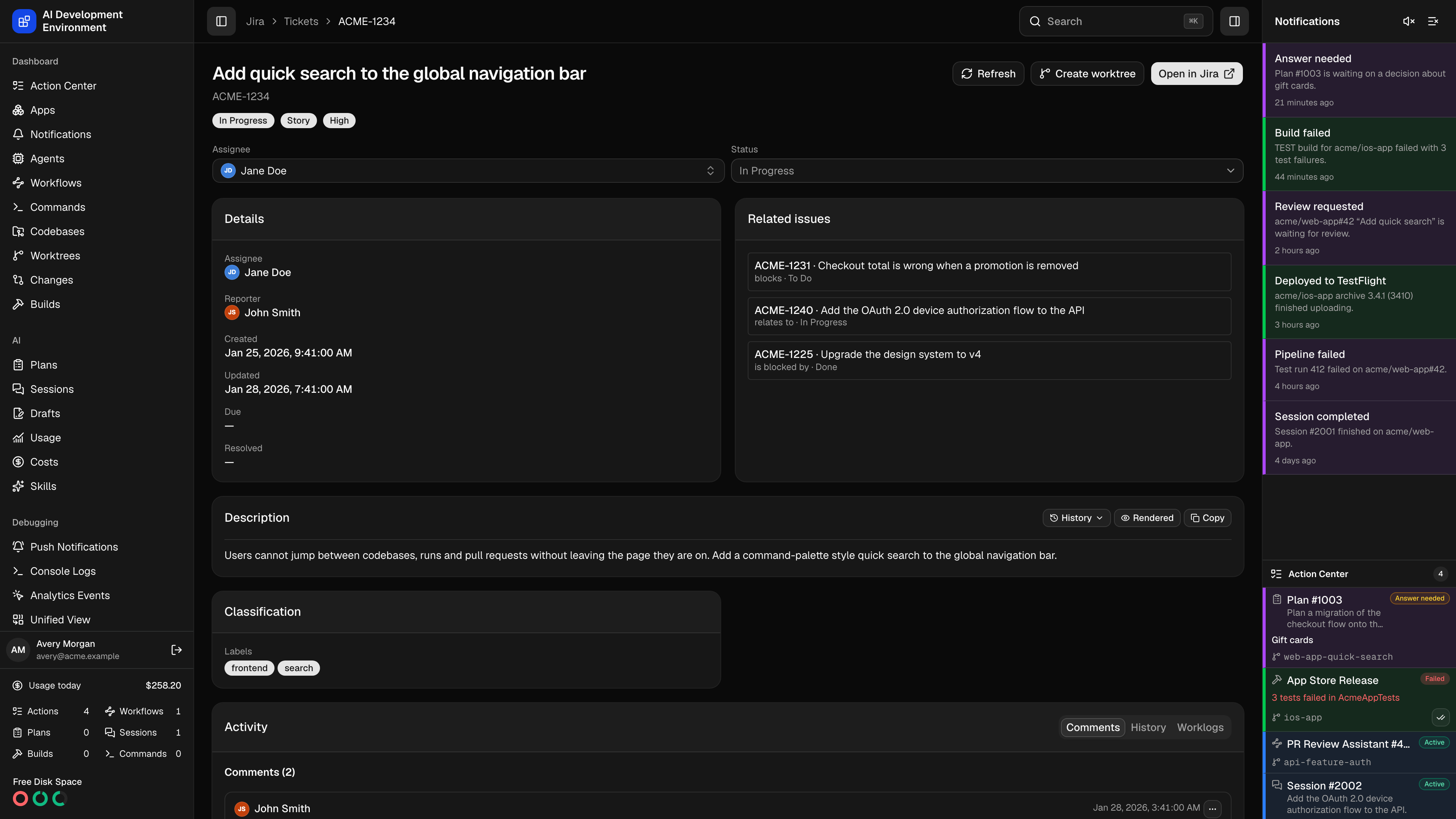 Jira ticket details in dark theme
