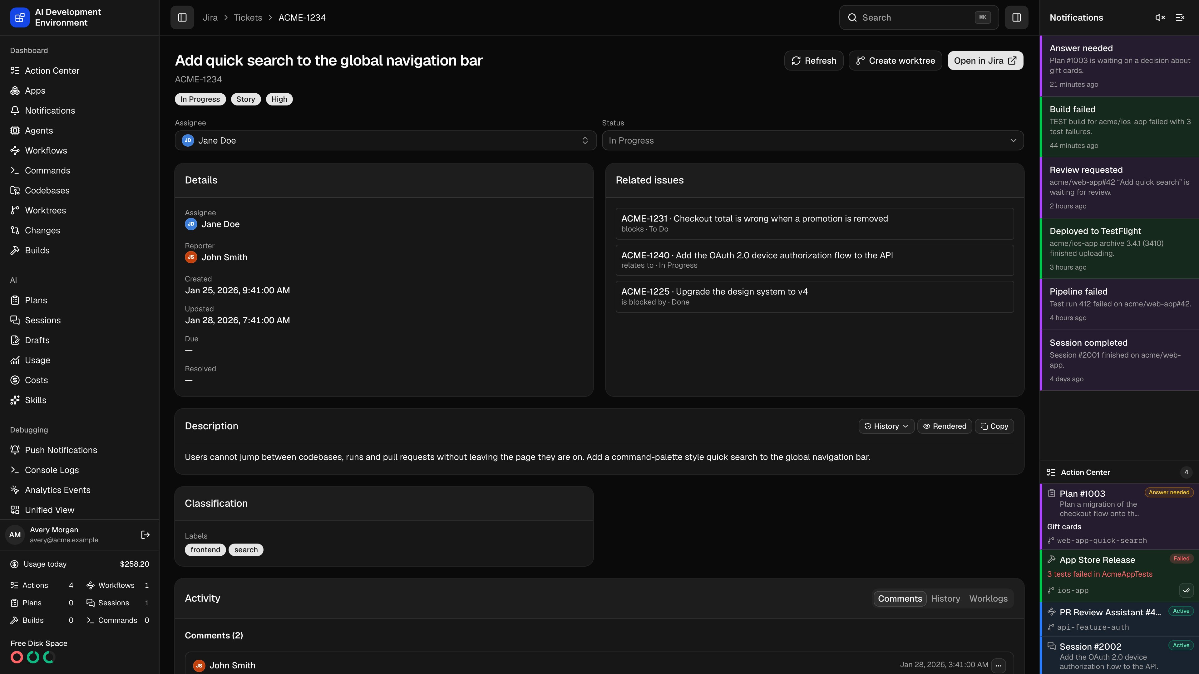 Jira ticket details in dark theme