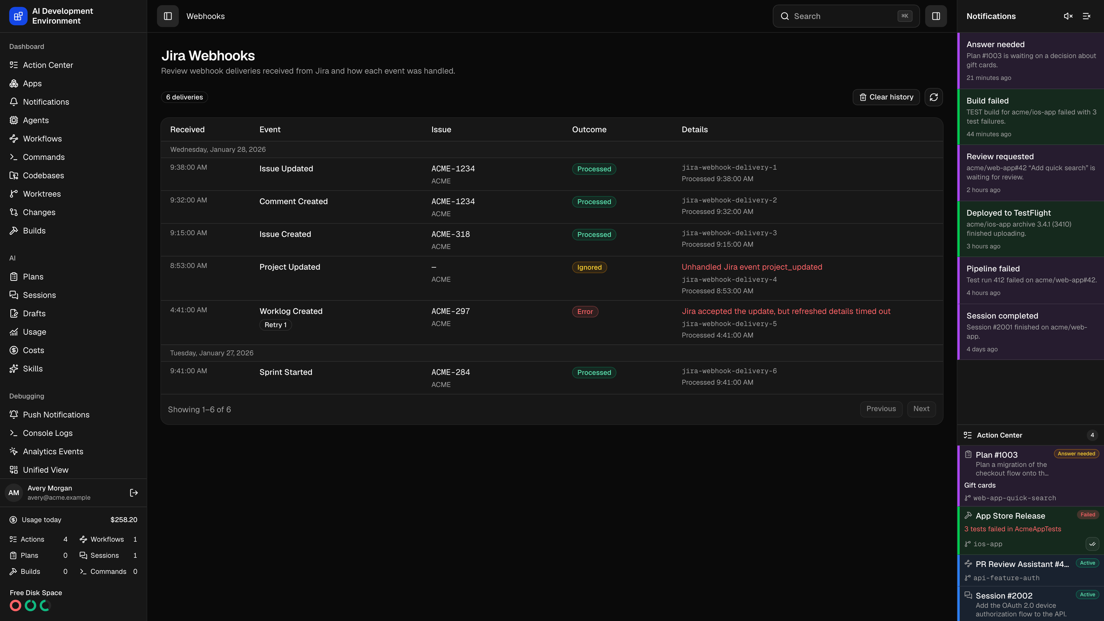 Jira Webhooks page in dark theme