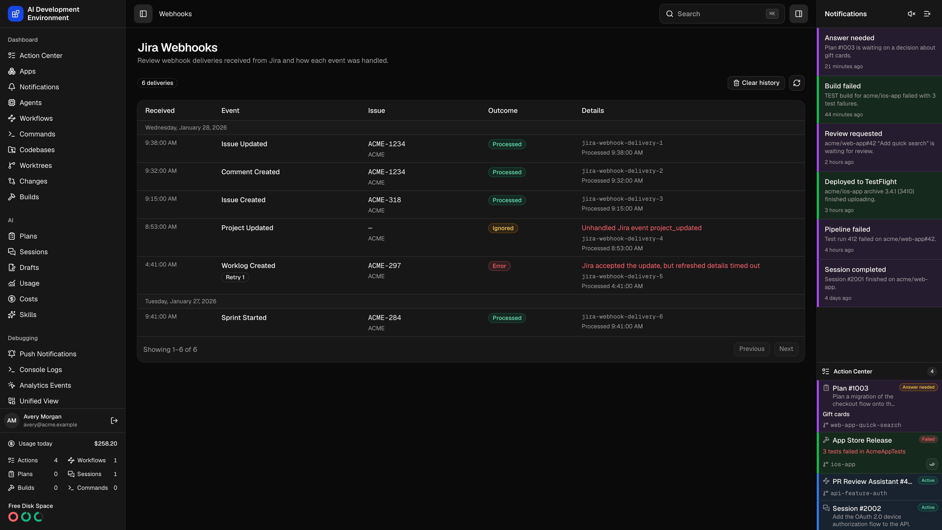 Jira Webhooks page in dark theme