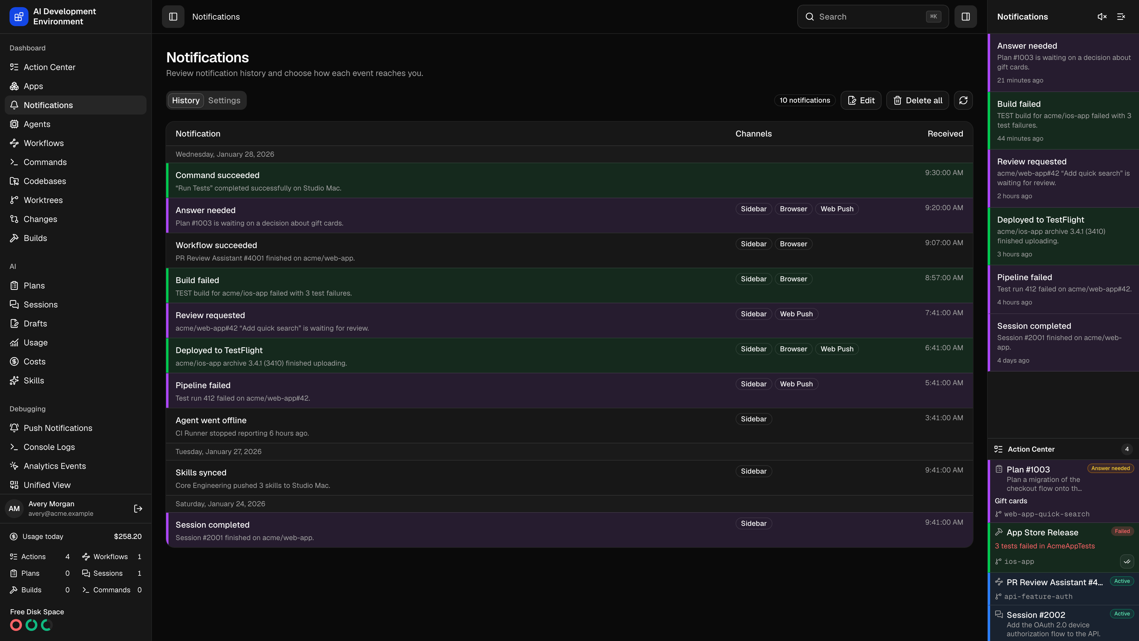 Notifications page in dark theme