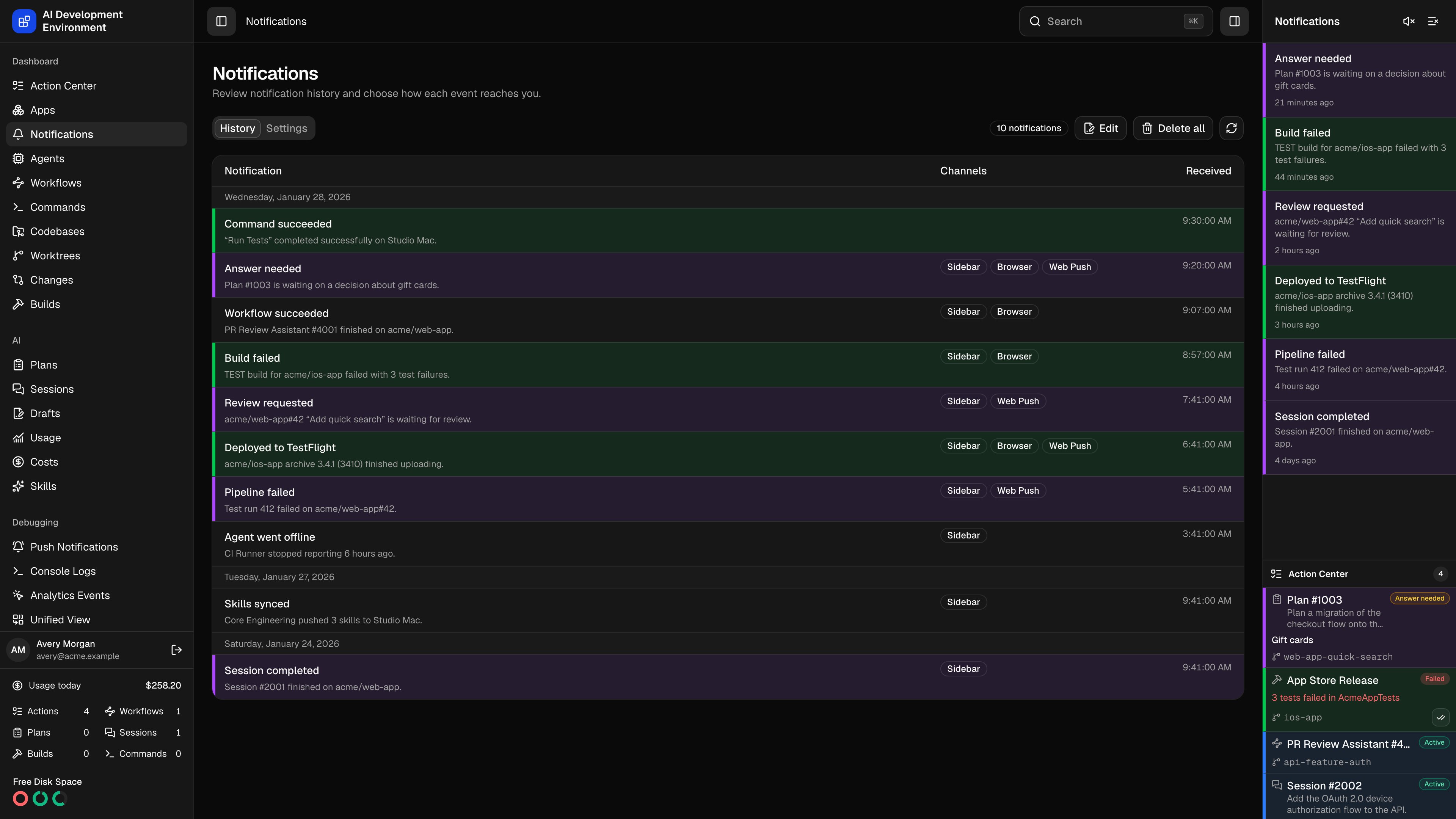 Notifications page in dark theme