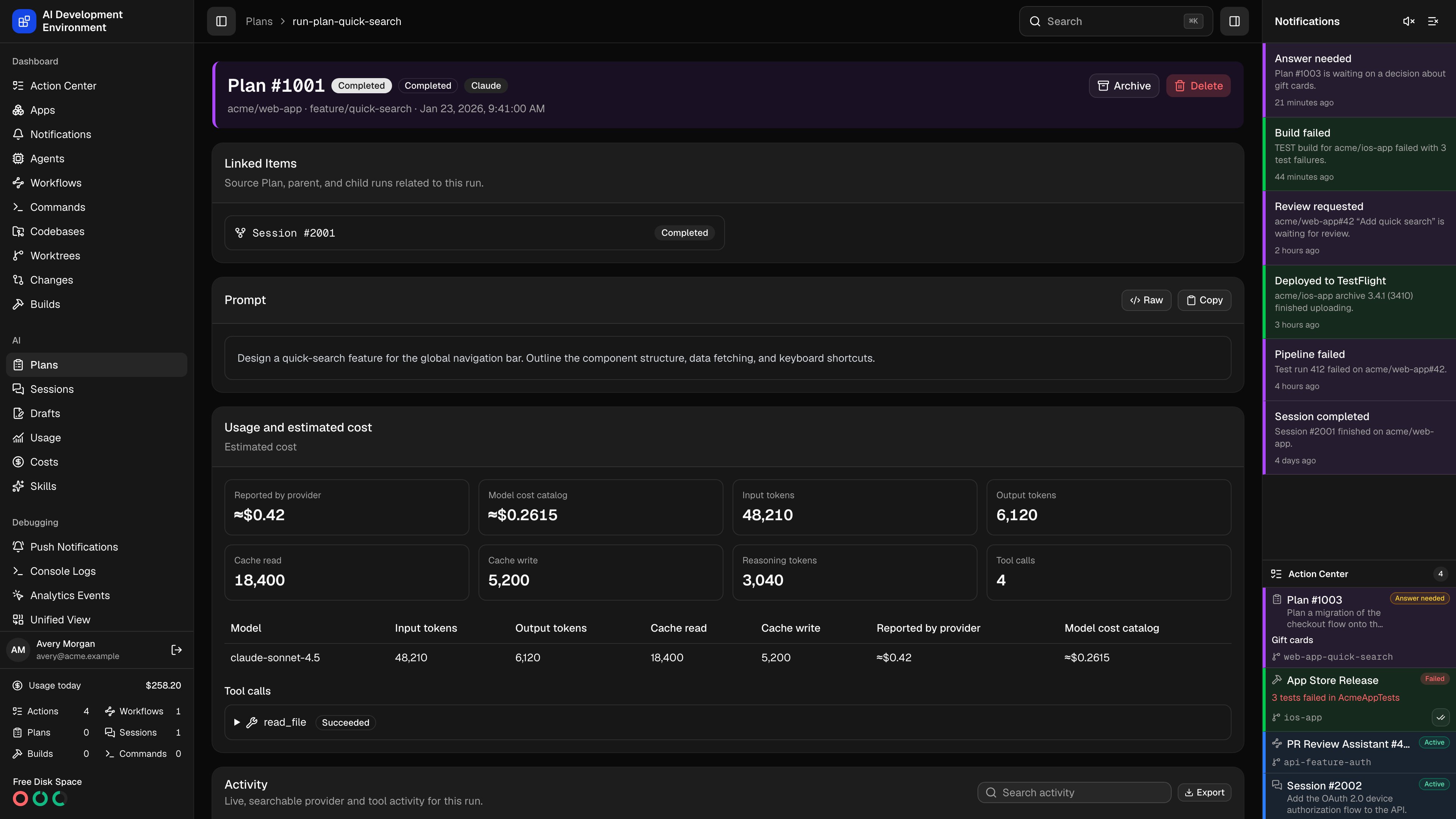 Plan details in dark theme